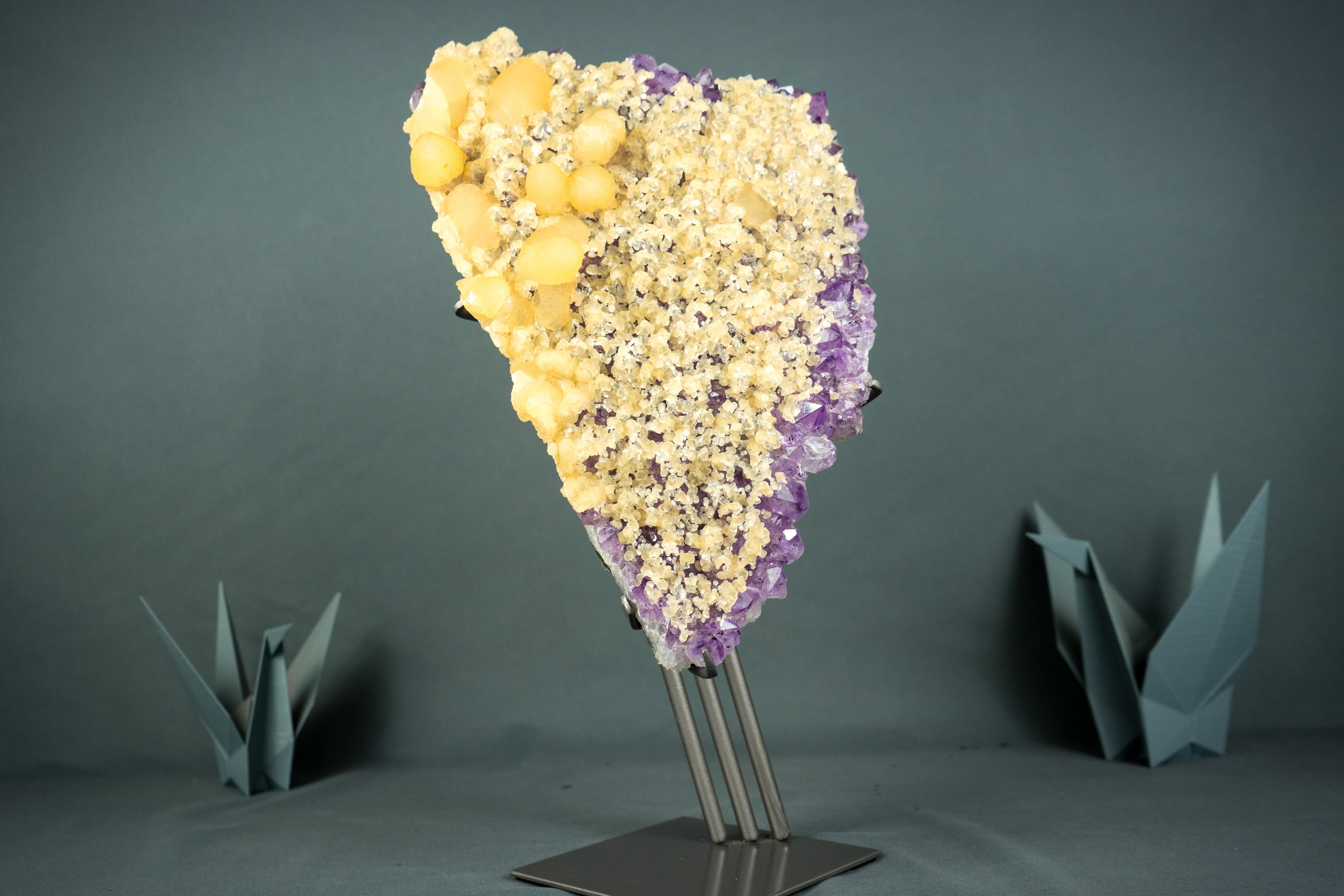 Rare Yellow Calcite on Amethyst Cluster, Cubic and Scalenohedral Calcite 10