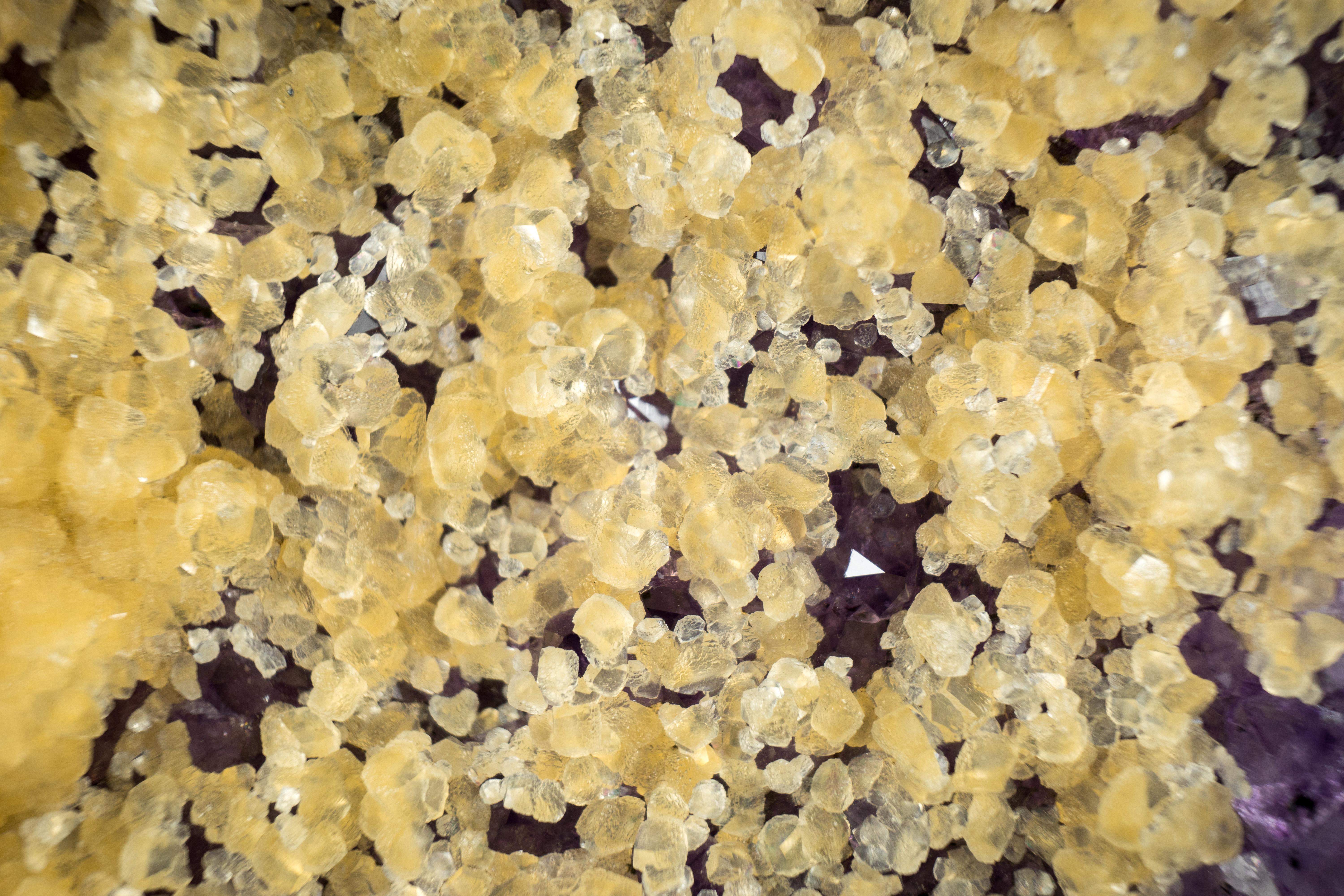Brazilian Rare Yellow Calcite on Amethyst Cluster, Cubic and Scalenohedral Calcite