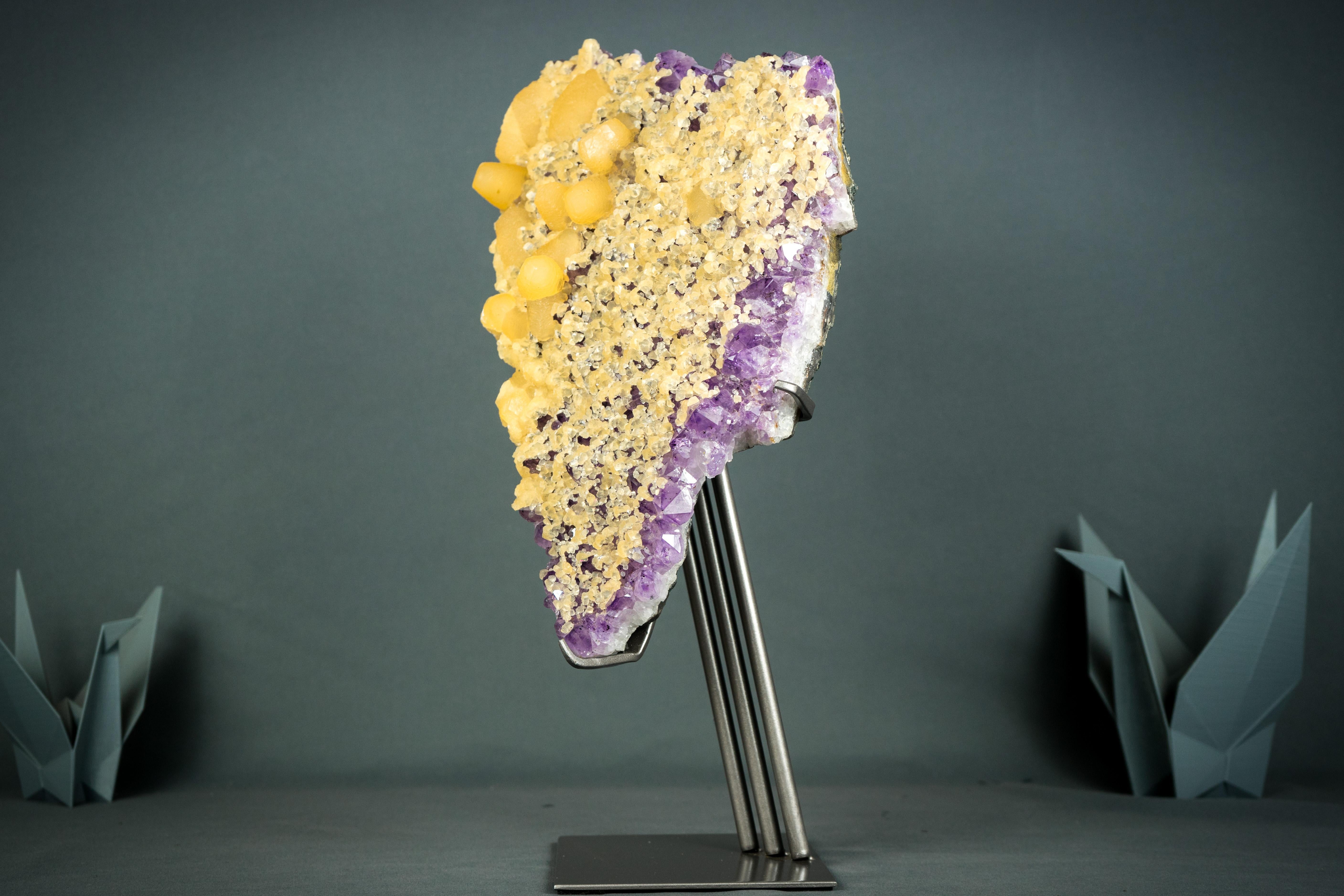 Crystal Rare Yellow Calcite on Amethyst Cluster, Cubic and Scalenohedral Calcite
