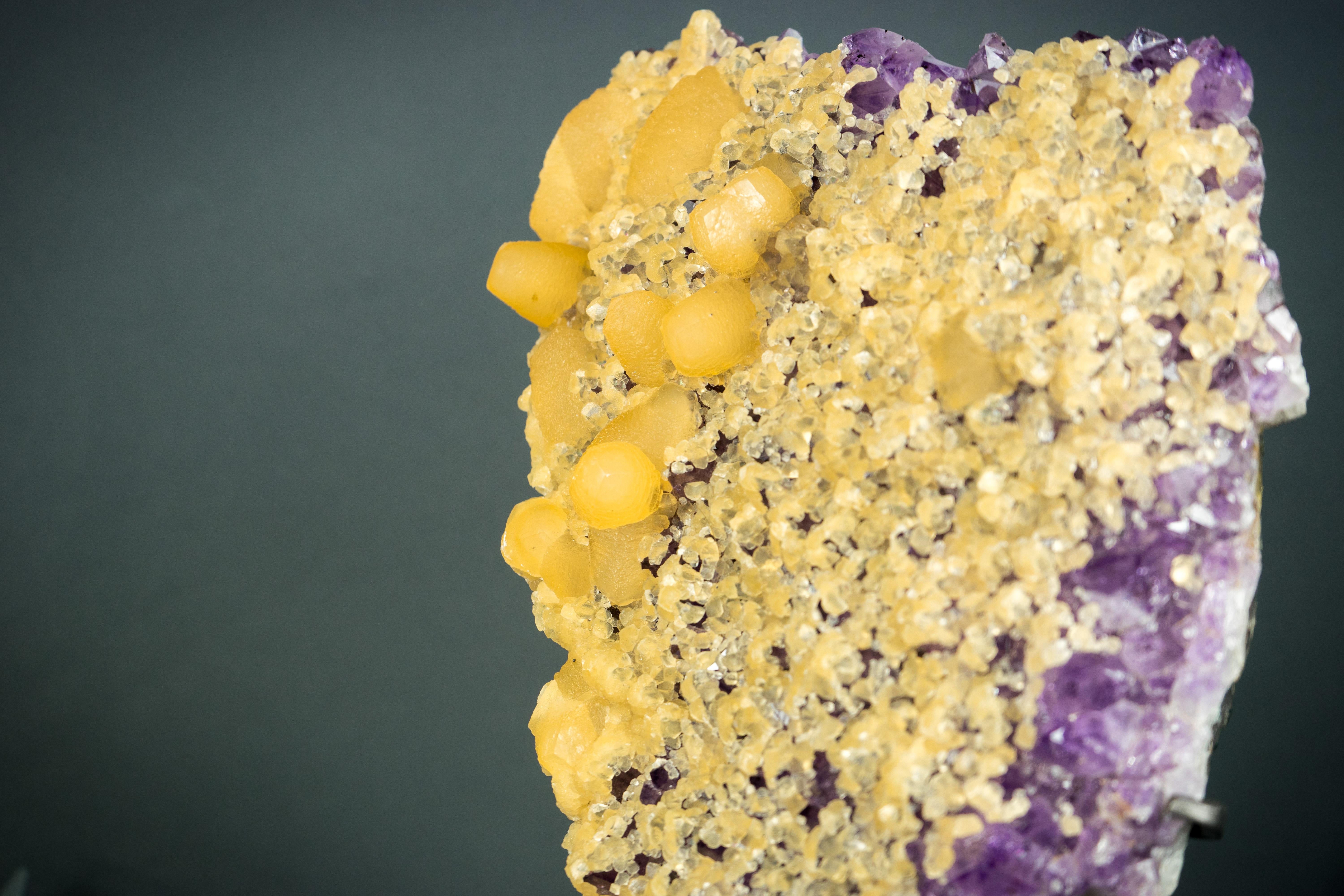 Rare Yellow Calcite on Amethyst Cluster, Cubic and Scalenohedral Calcite 1