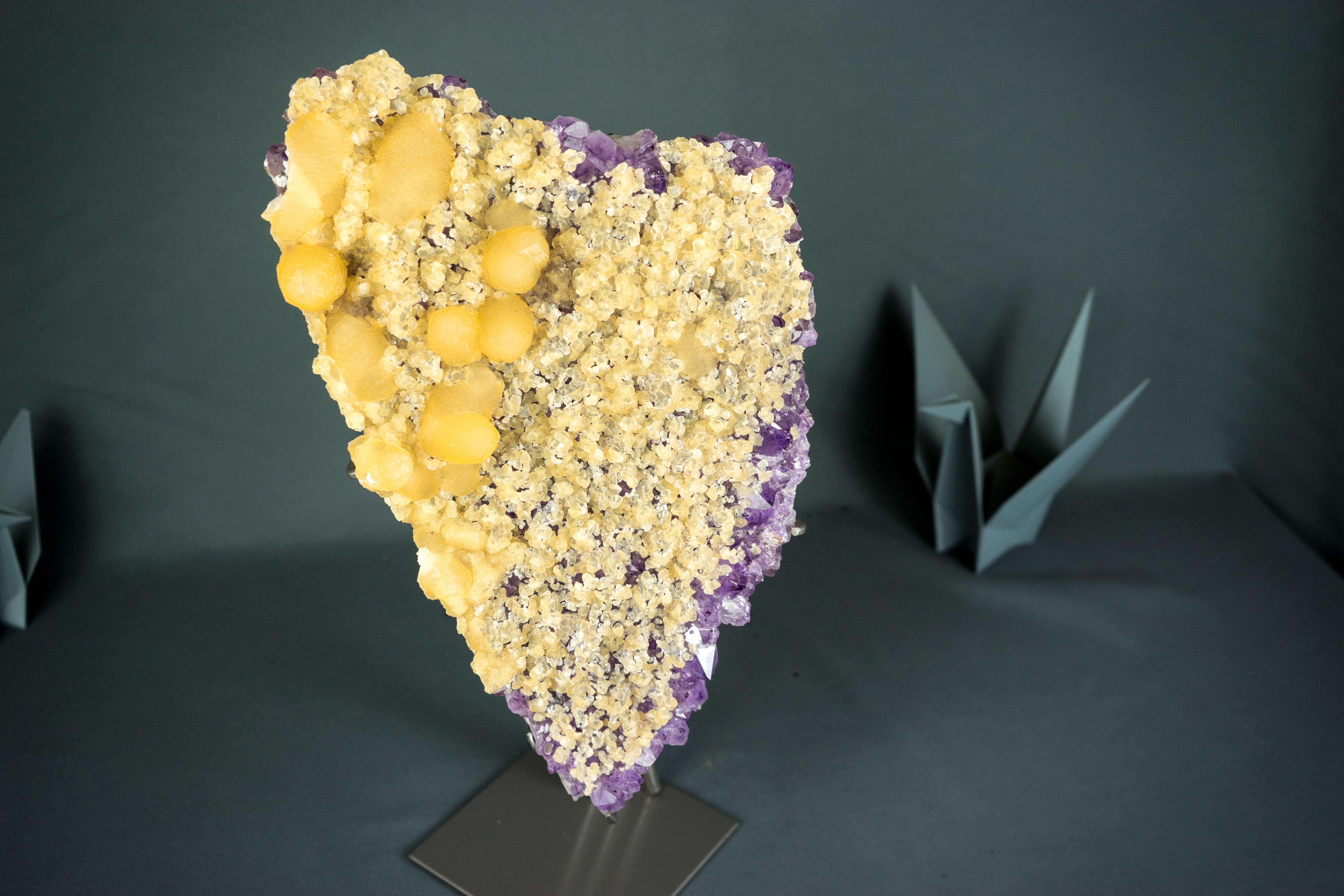Rare Yellow Calcite on Amethyst Cluster, Cubic and Scalenohedral Calcite 3
