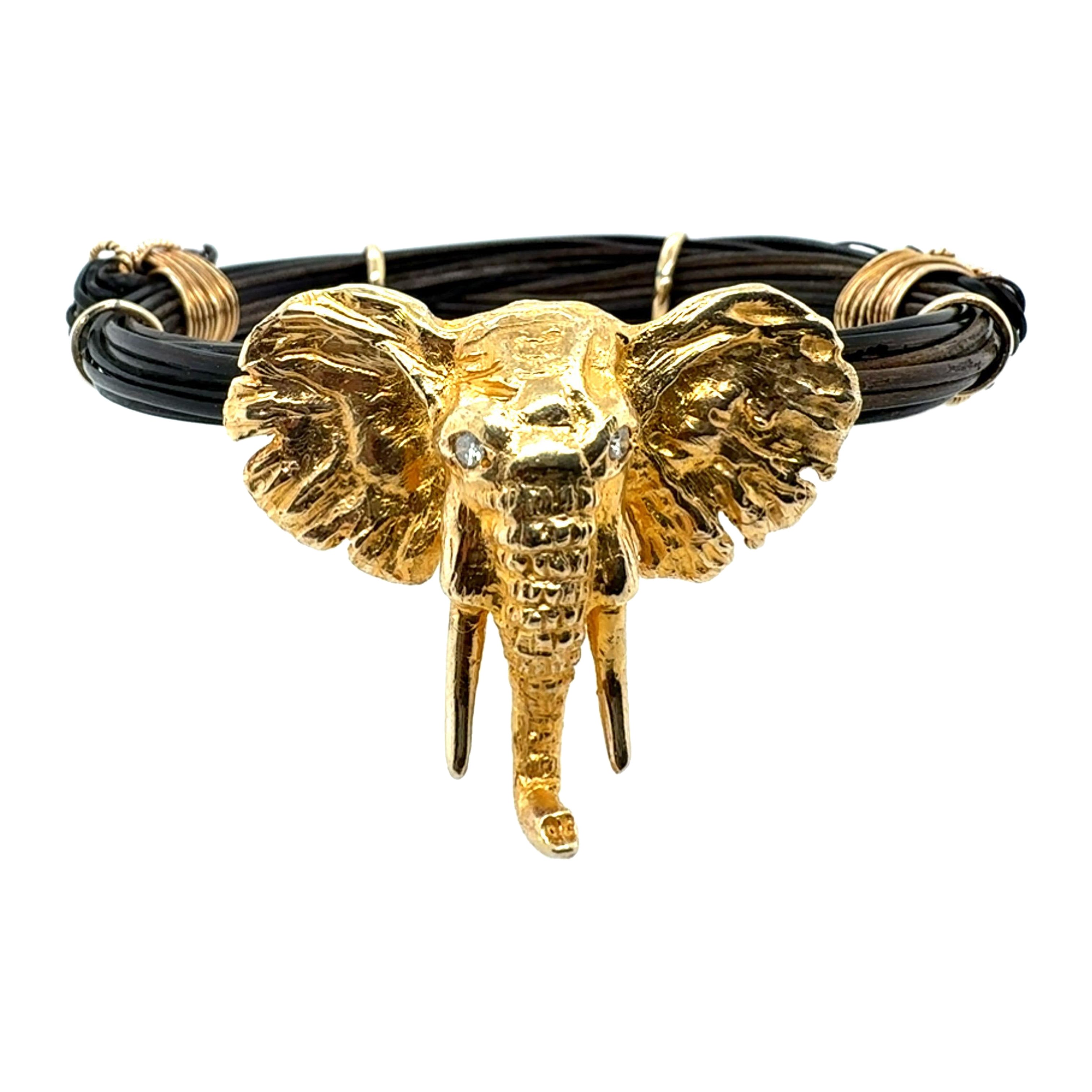 Rare Yellow Gold African Elephant Adjustable Hair Thread Bracelet Circa 1975