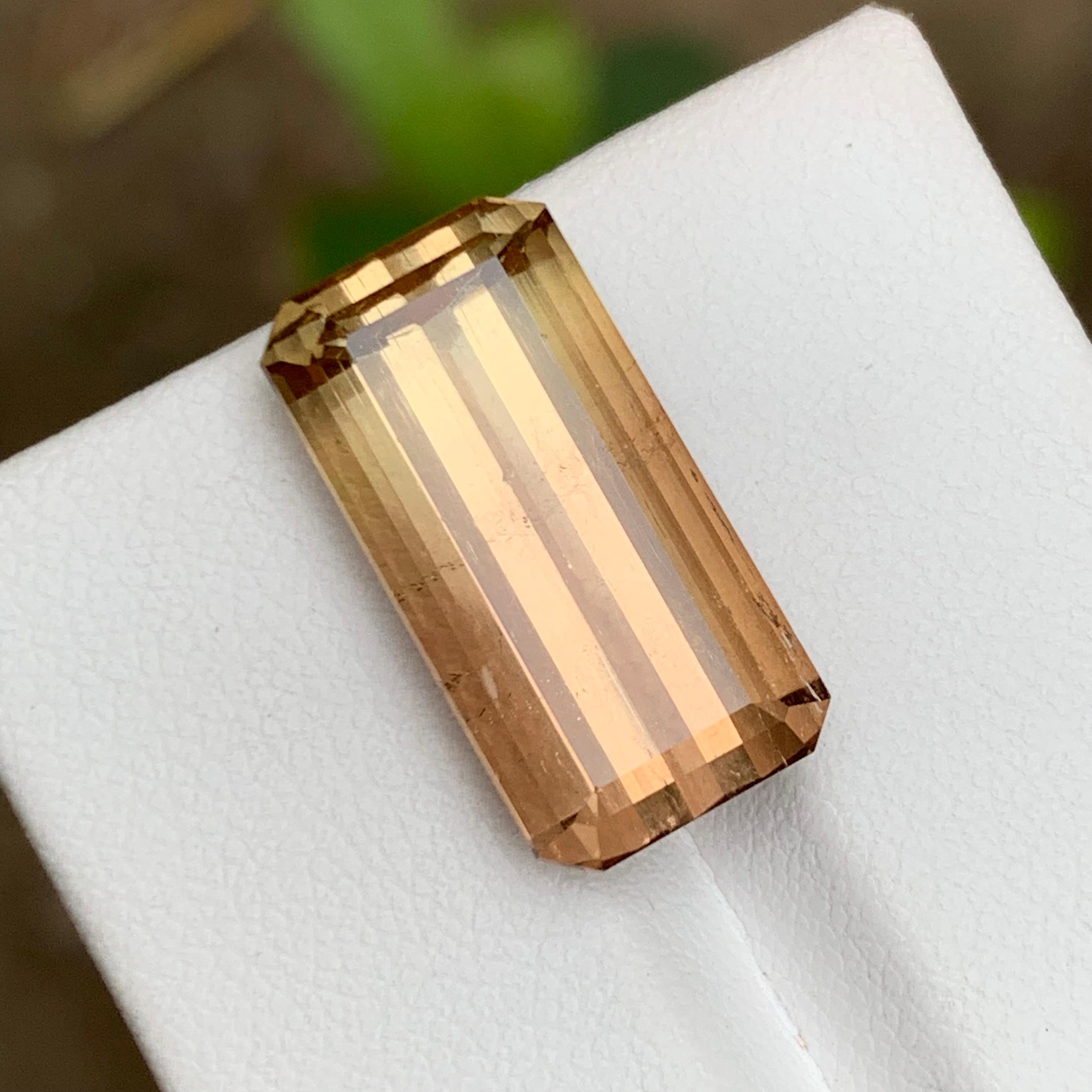 GEMSTONE TYPE: Tourmaline
PIECE(S): 1
WEIGHT: 14 Carats
SHAPE: Emerald
SIZE (MM): 19.36 x 9.95 x 8.15
COLOR: Yellowish Peach Bicolor
CLARITY: Slightly Included 
TREATMENT: Heated
ORIGIN: Afghanistan
CERTIFICATE: On demand
(if you require a