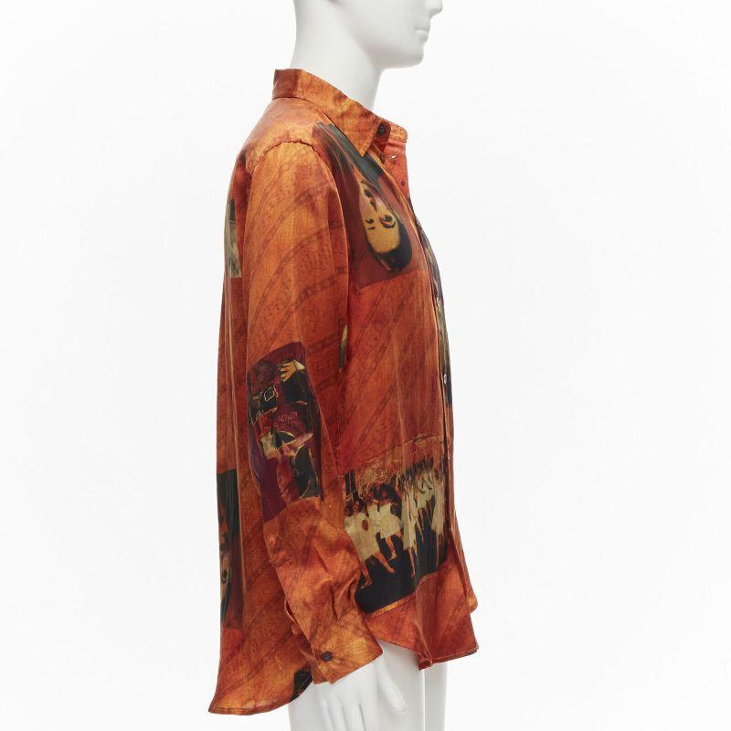 rare YOHJI YAMAMOTO 2004 100% silk Taisho Japanese portrait orange shirt JP2 M In Excellent Condition For Sale In Hong Kong, NT