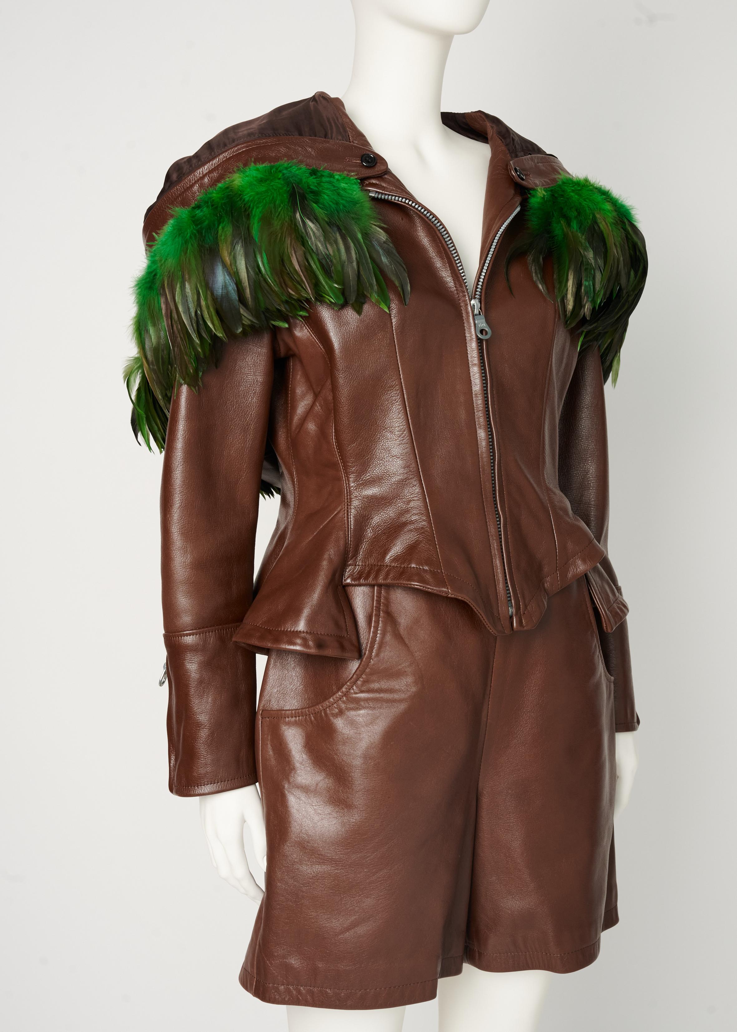 Brown Rare Yohji Yamamoto Runway Leather & Feathers Shorts Suit Ensemble, FW 1991-1992 For Sale