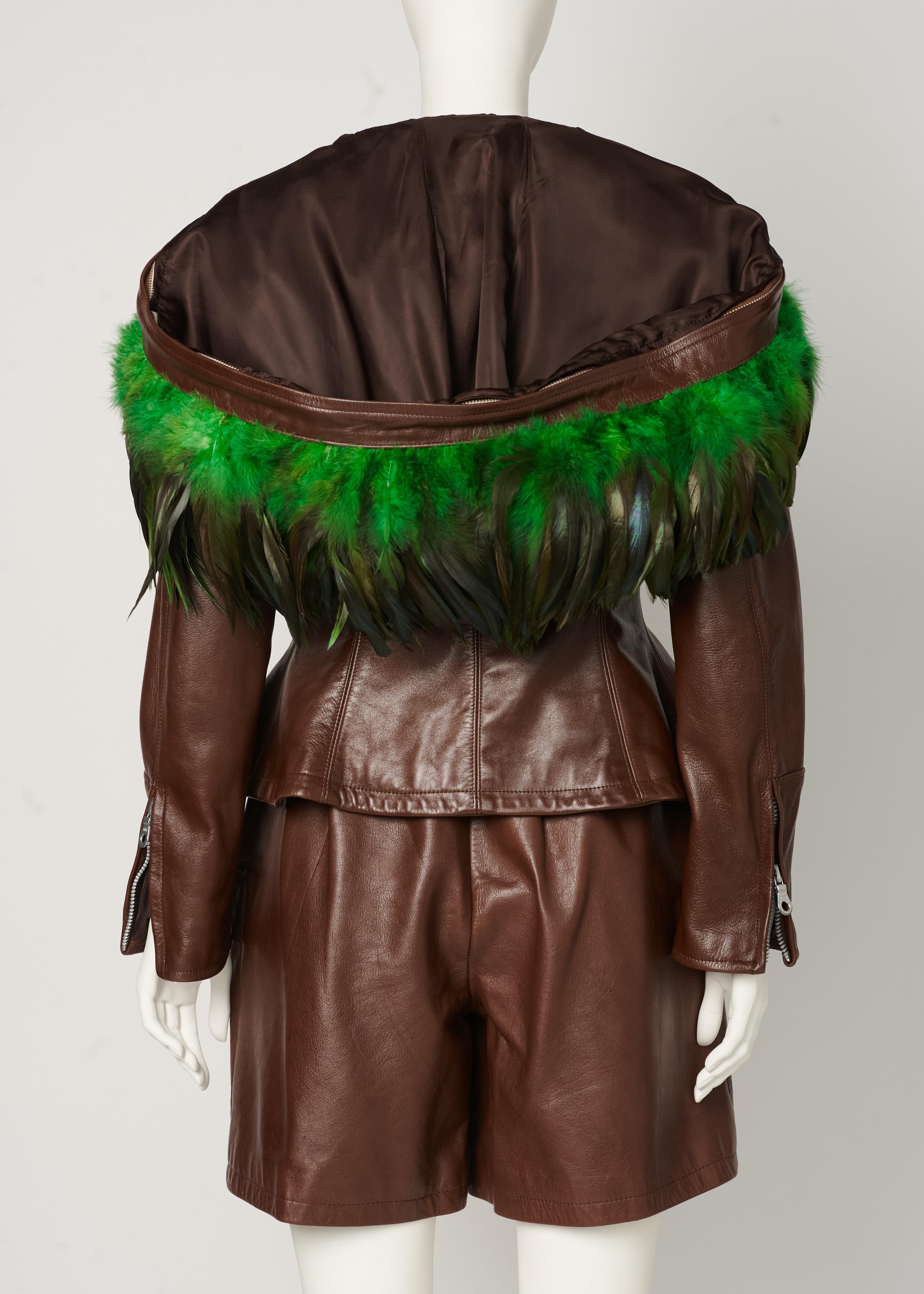 Women's or Men's Rare Yohji Yamamoto Runway Leather & Feathers Shorts Suit Ensemble, FW 1991-1992 For Sale