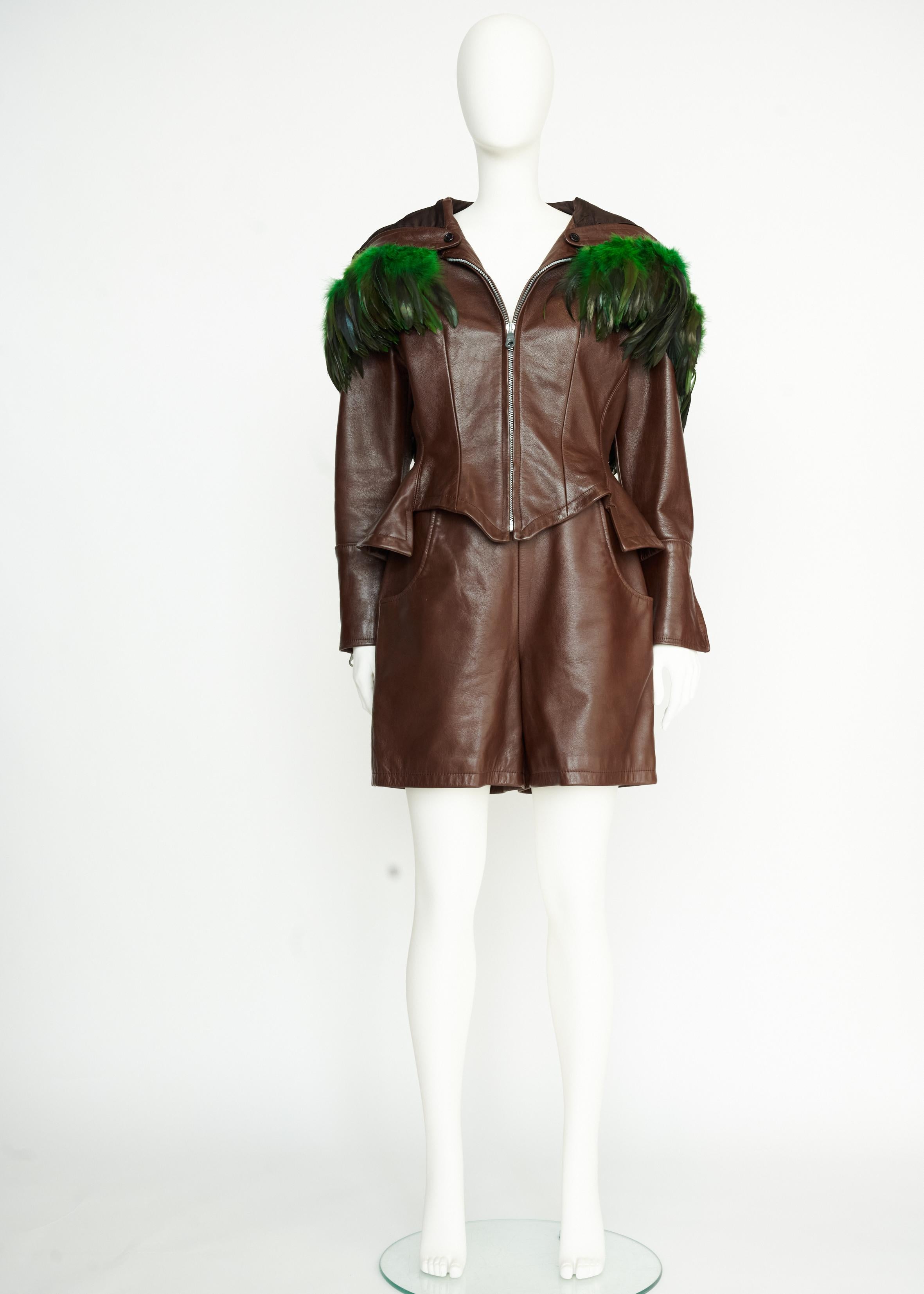Rare Yohji Yamamoto Runway Leather & Feathers Shorts Suit Ensemble, FW 1991-1992 For Sale 2