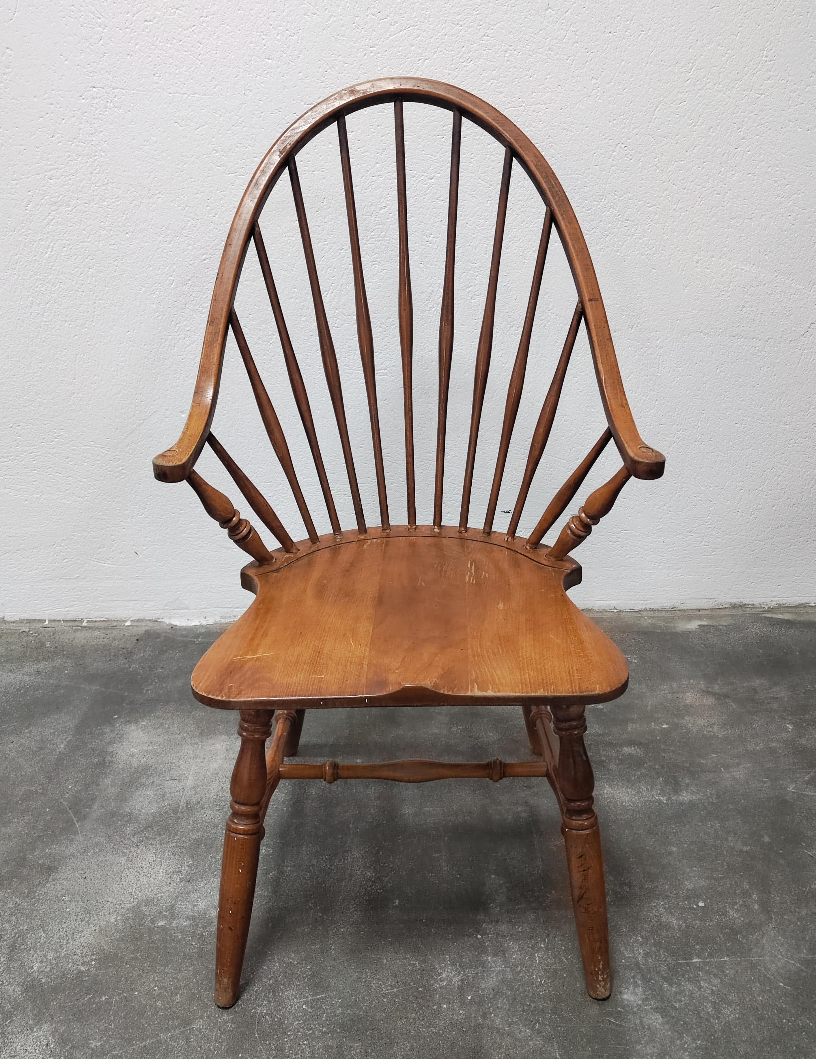 In this listing you will find 20 Windsor dining chairs and armchair done in solid Beech, manufactured in Yugoslavia in 1950s. There is 20 chairs available, out of which 9 are with and 11 without the armrests.

They feature tall spindle back, making