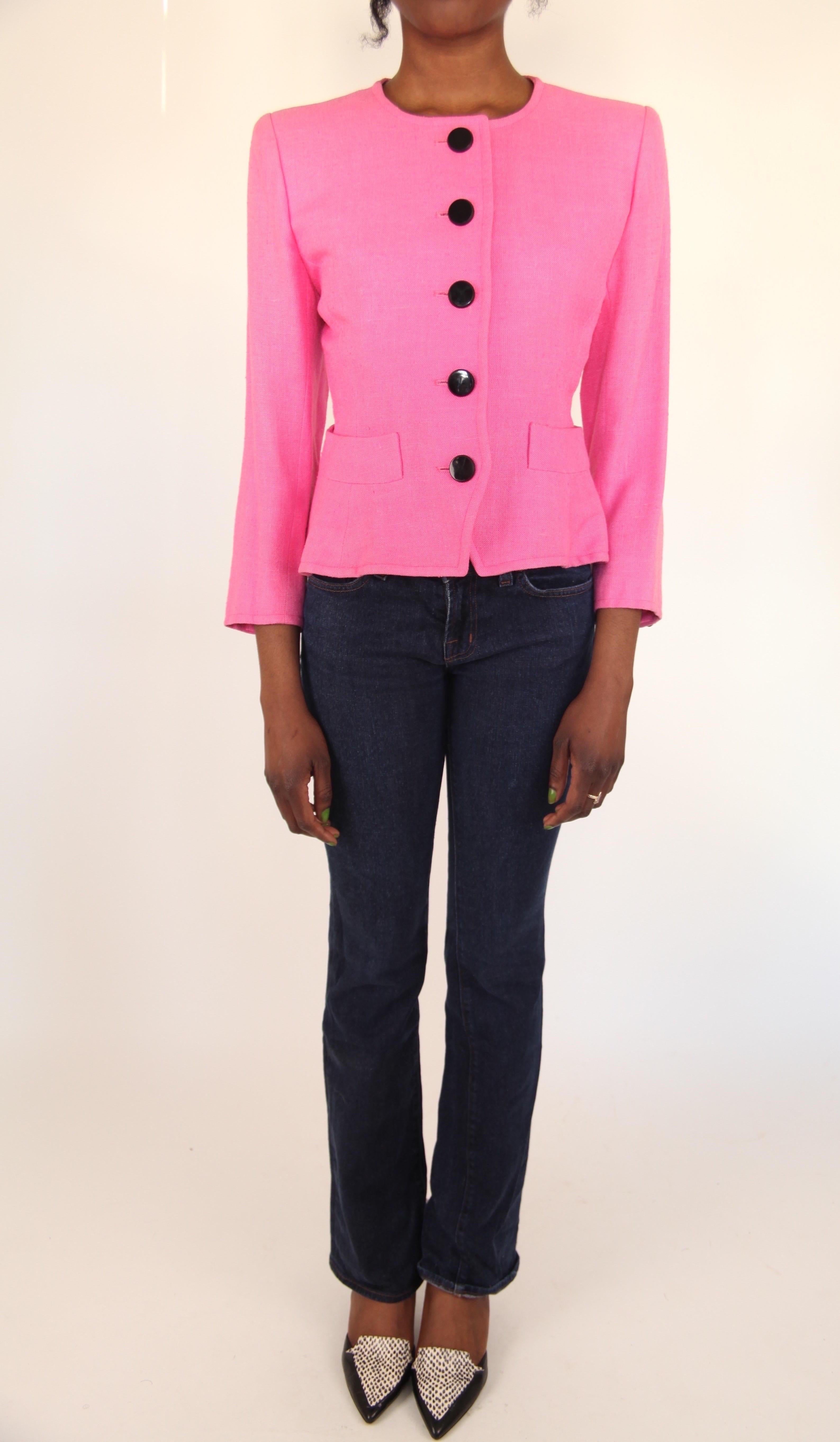 Rara chaqueta de lino esculpido rosa chicle de Yves Saint Laurent, alrededor de los años 80 en Bueno estado para la venta en London, GB