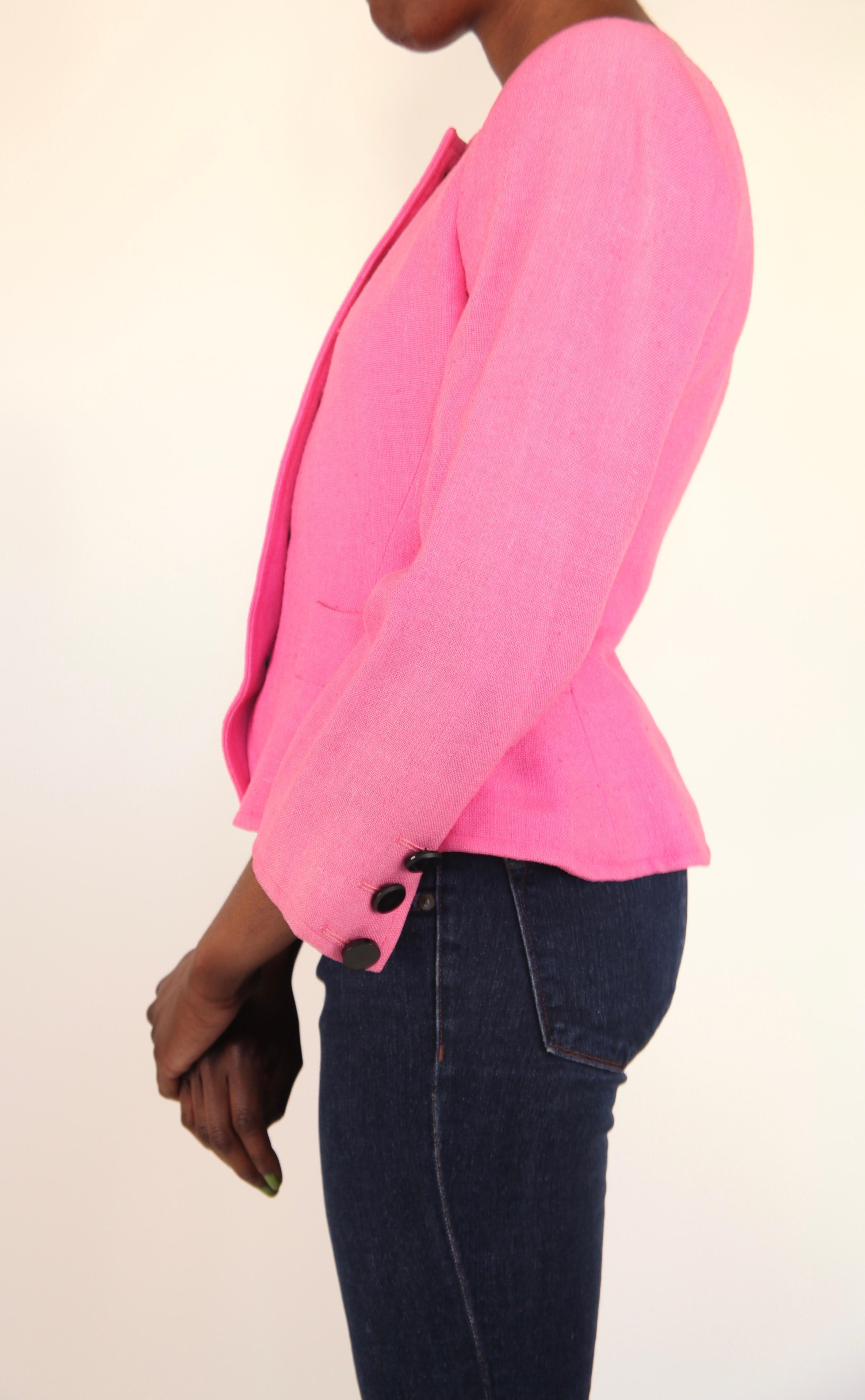 Rara chaqueta de lino esculpido rosa chicle de Yves Saint Laurent, alrededor de los años 80 en venta 1