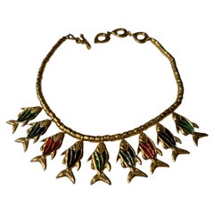 Rare Yves Saint Laurent vintage collier necklace with enamel fish pendants