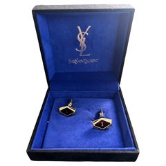 Rare YVES SAINT LAURENT “YSL” Gold Plate Cufflinks In Original Blue Velvet Case