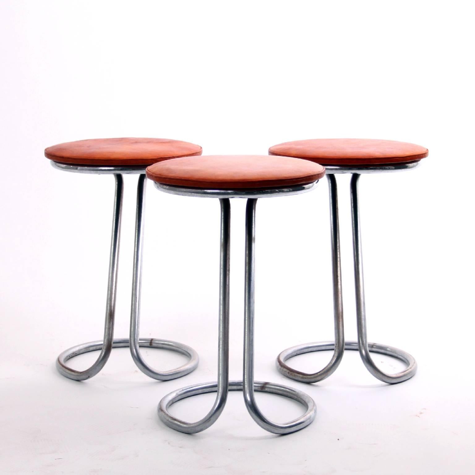 Mid-Century Modern Rare Z-Stools by Gilbert Rohde with Leather Seats, 1933