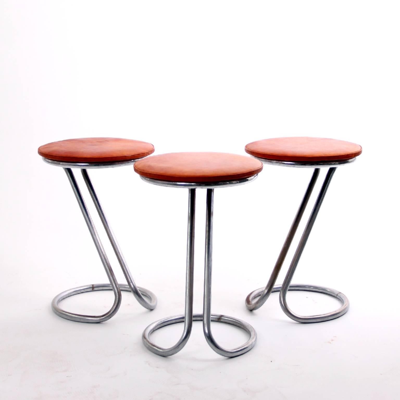 Rare Z-Stools by Gilbert Rohde with Leather Seats, 1933 In Good Condition In Copenhagen, DK