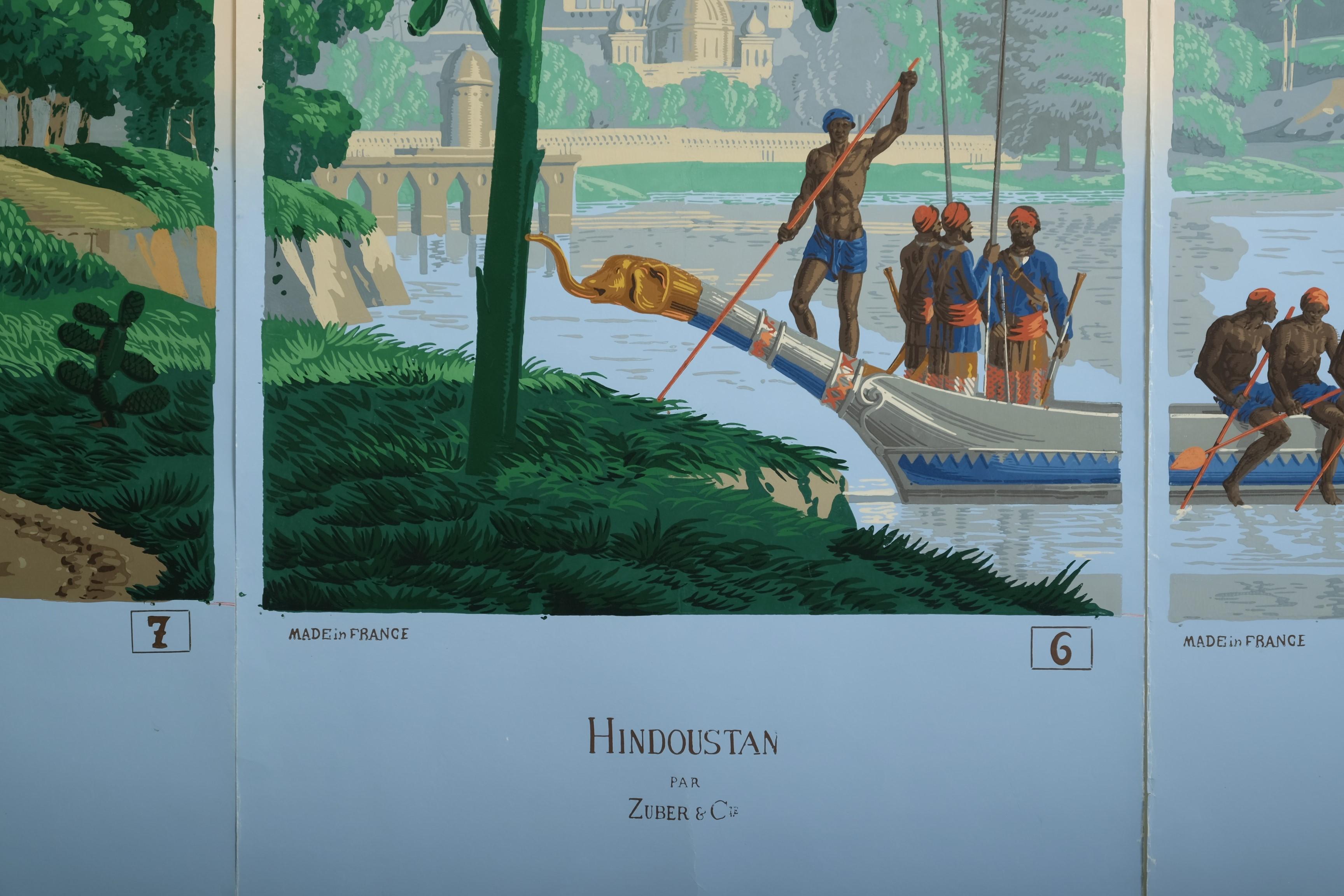 Zuber Panoramic Wallpaper Hindustan Woodcut Print Panels 5 to 7, France For Sale 9