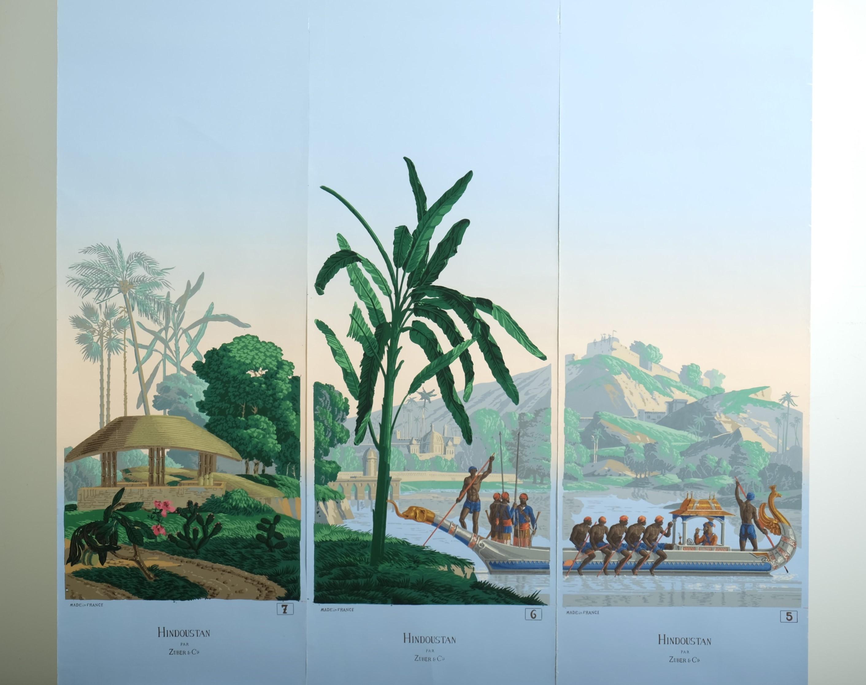 Stunning Zuber Panoramic Wallpaper Hindustan Woodcut Print Panels 5-7, France 1970s.

The picture is composed of three panels numbered 5 to 7 of Hindustan Panoramic Wallpaper, which consists of a total of 20 panels.

The panorama wallpaper was