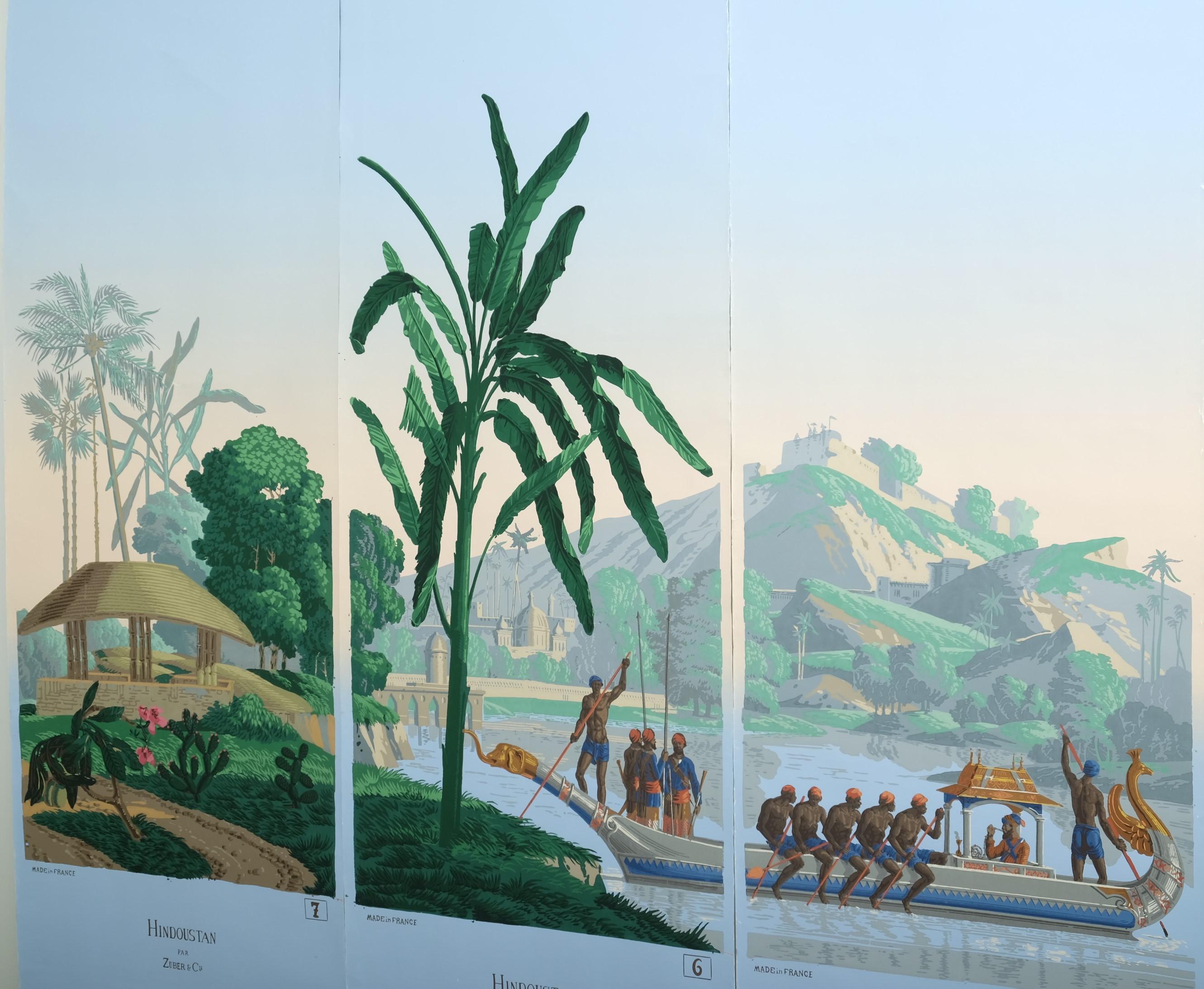Zuber Panoramic Wallpaper Hindustan Woodcut Print Panels 5 to 7, France In Good Condition For Sale In München, BY