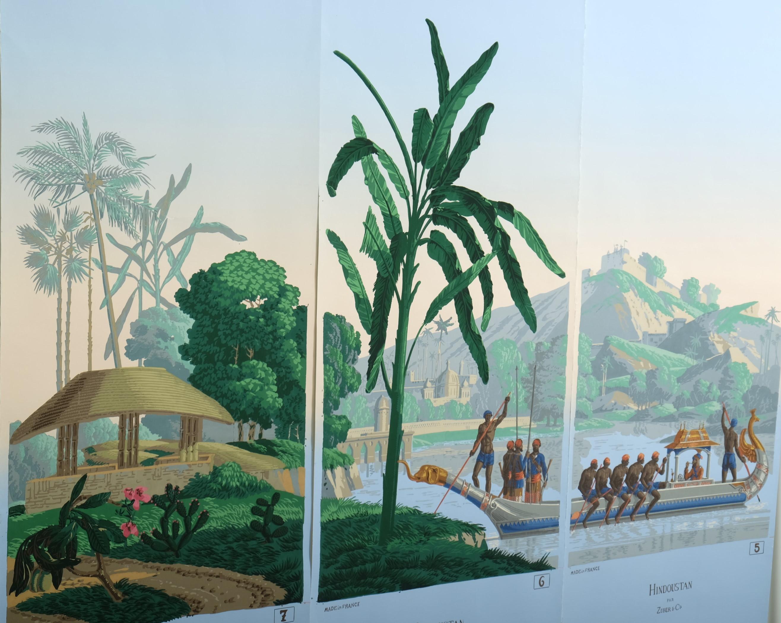 Late 20th Century Zuber Panoramic Wallpaper Hindustan Woodcut Print Panels 5 to 7, France For Sale