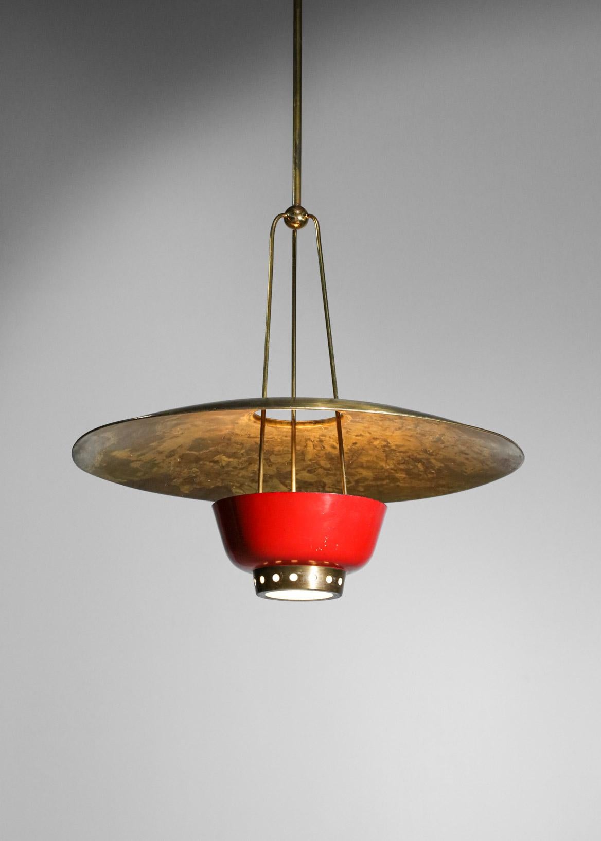 Rare 50's Italian Suspension in Solid Brass Attributed to Stilnovo Red and Brass 3