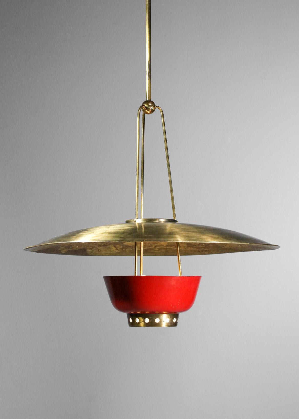 Rare 50's Italian Suspension in Solid Brass Attributed to Stilnovo Red and Brass 4