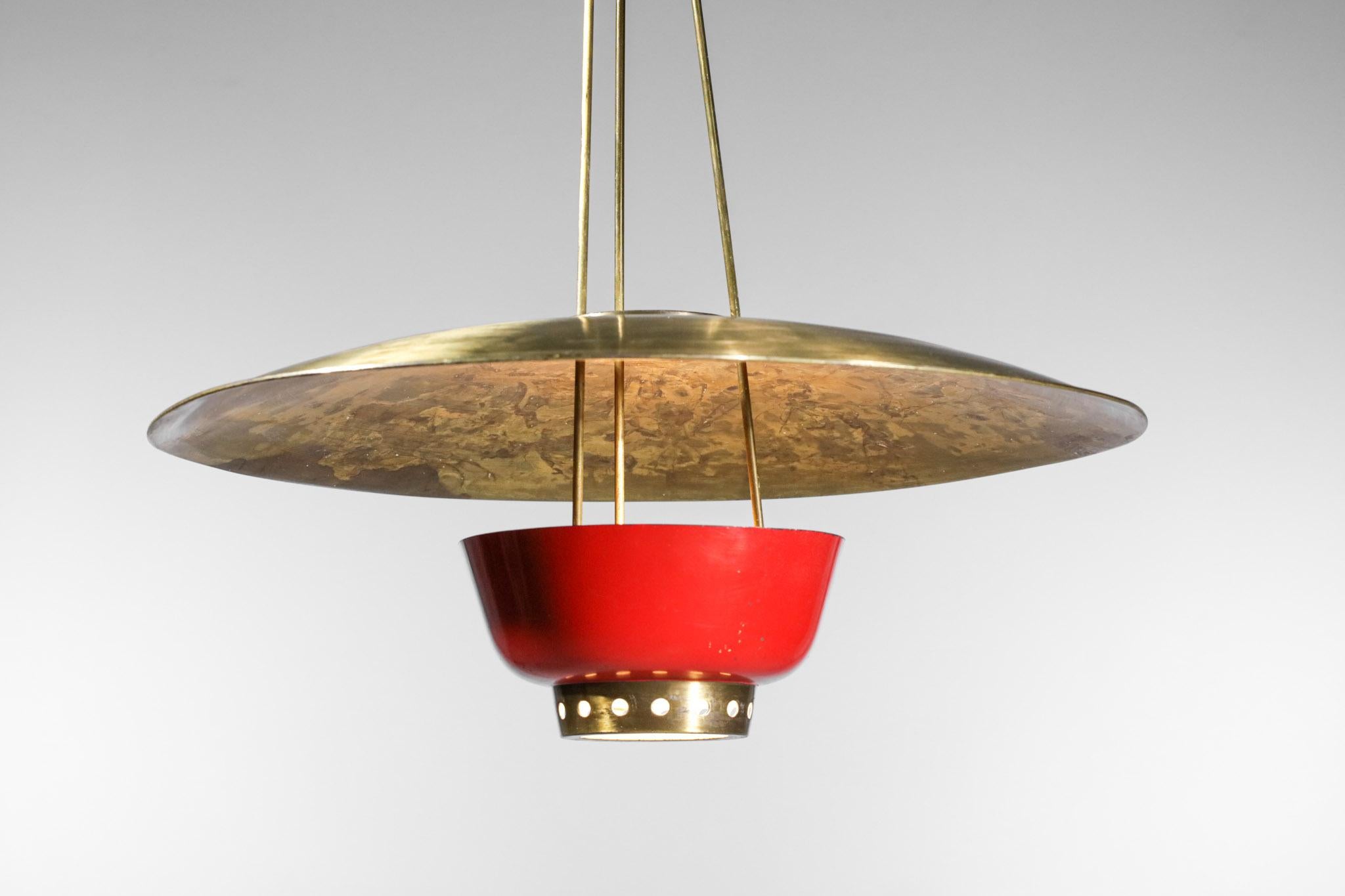 Rare 50's Italian Suspension in Solid Brass Attributed to Stilnovo Red and Brass 5