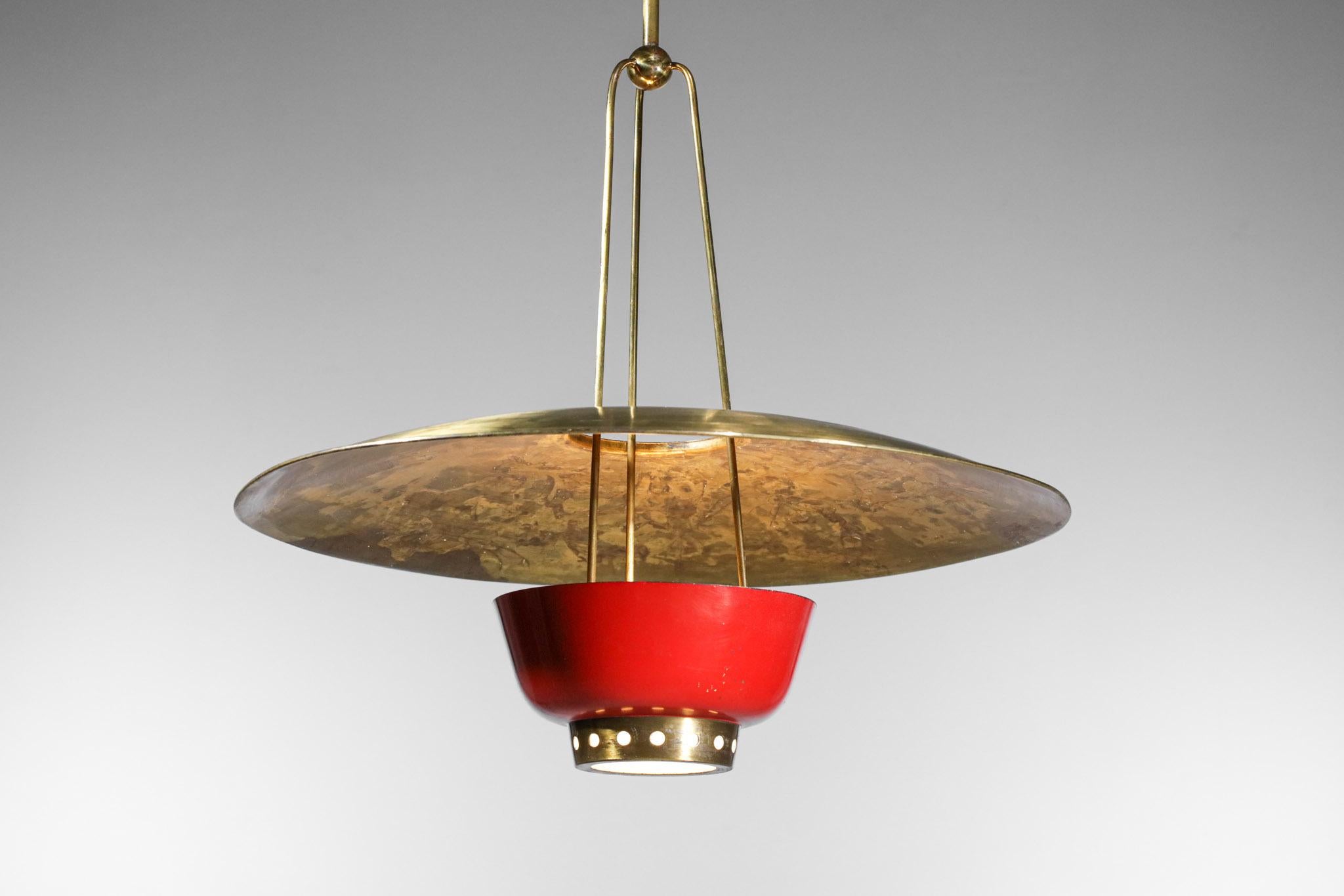 Rare 50's Italian Suspension in Solid Brass Attributed to Stilnovo Red and Brass 6