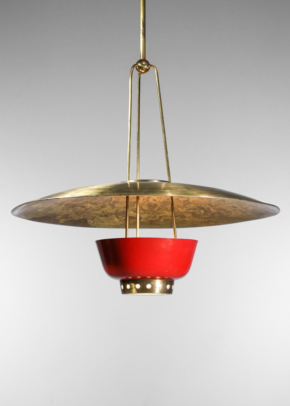 Rare 50's Italian Suspension in Solid Brass Attributed to Stilnovo Red and Brass 7