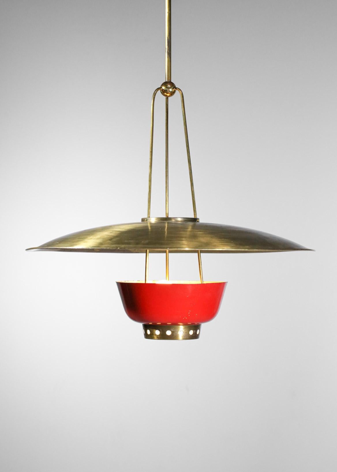 Rare 50's Italian Suspension in Solid Brass Attributed to Stilnovo Red and Brass 8