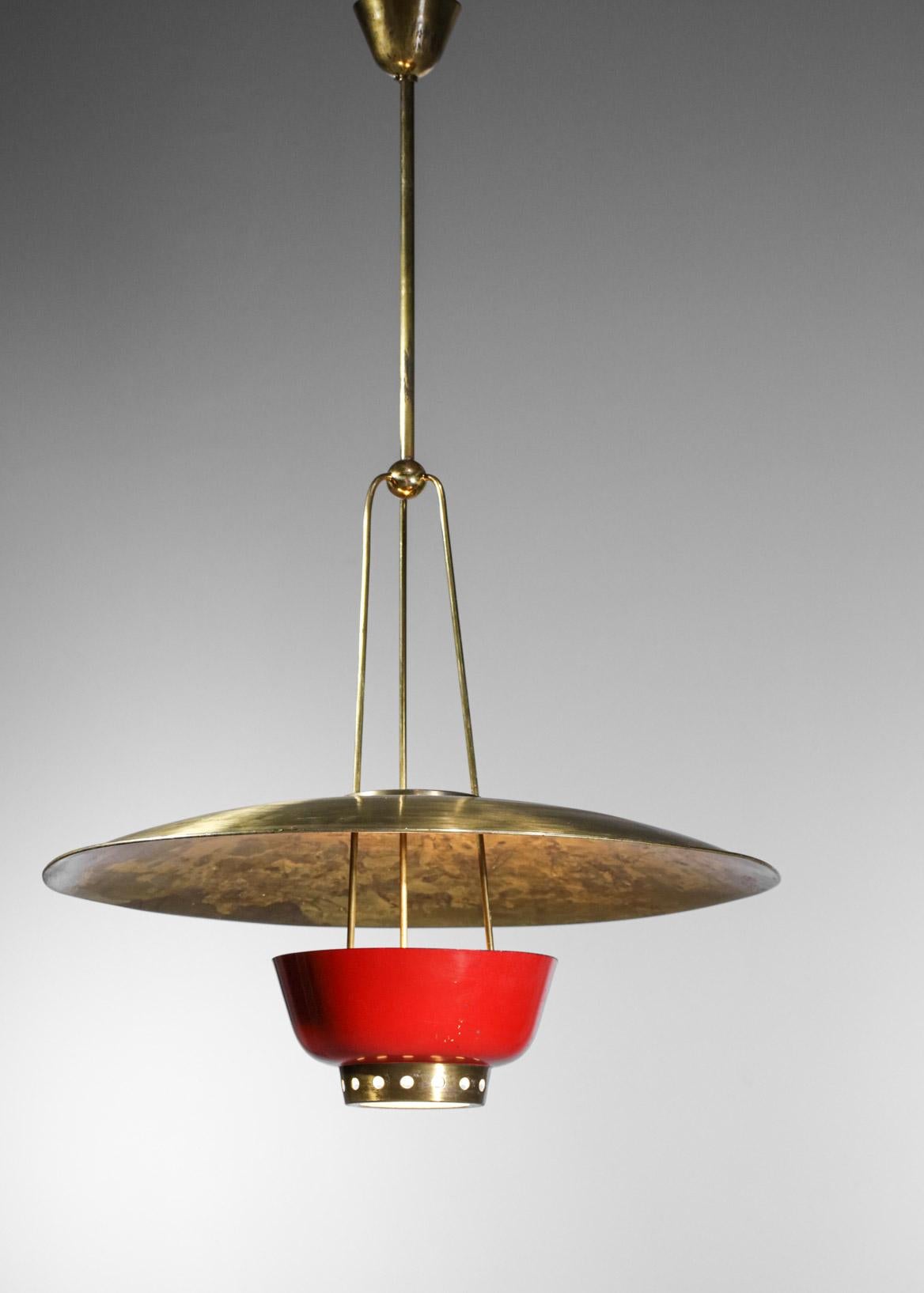 Rare 50's Italian Suspension in Solid Brass Attributed to Stilnovo Red and Brass 9