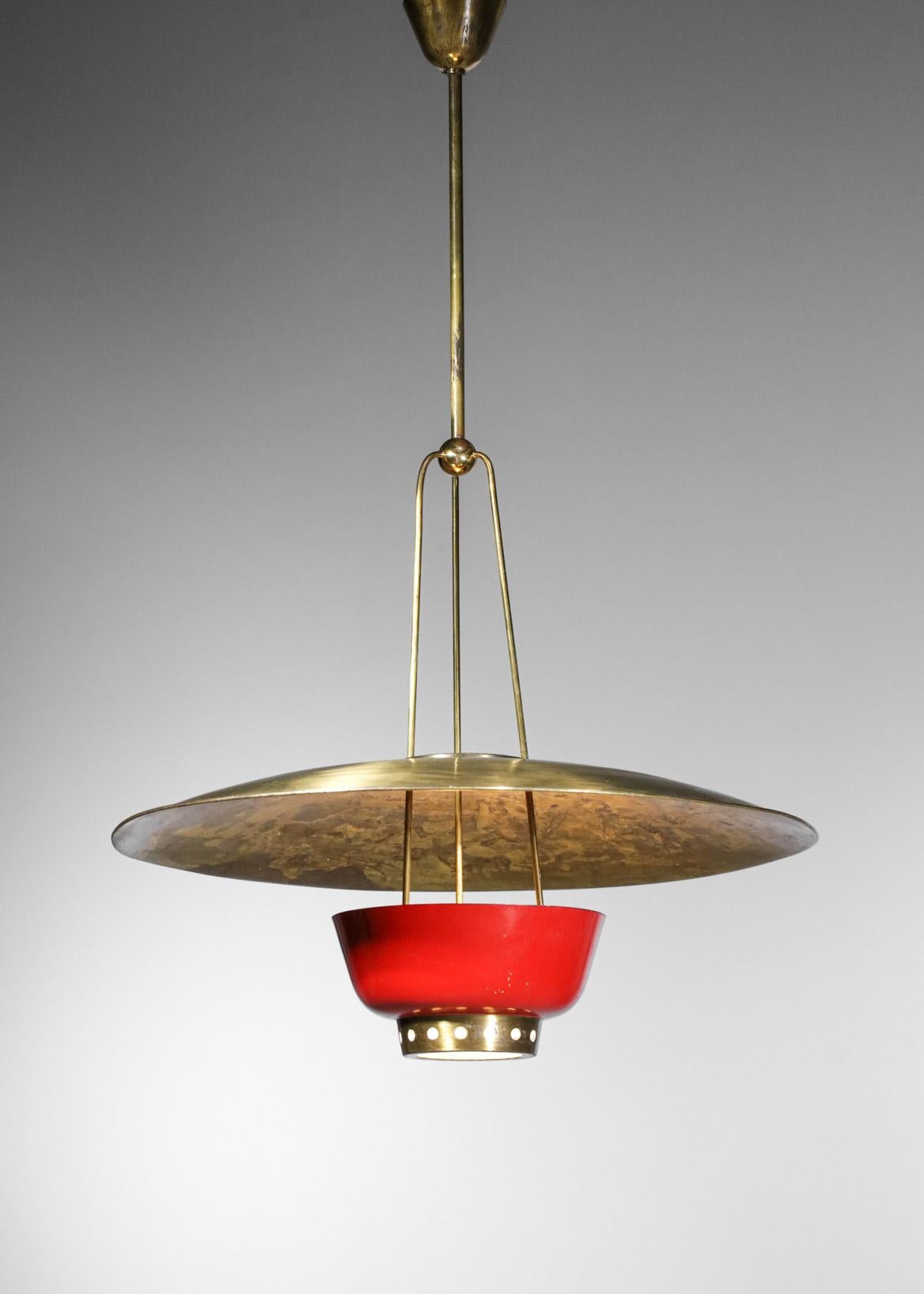 Rare 50's Italian Suspension in Solid Brass Attributed to Stilnovo Red and Brass 10