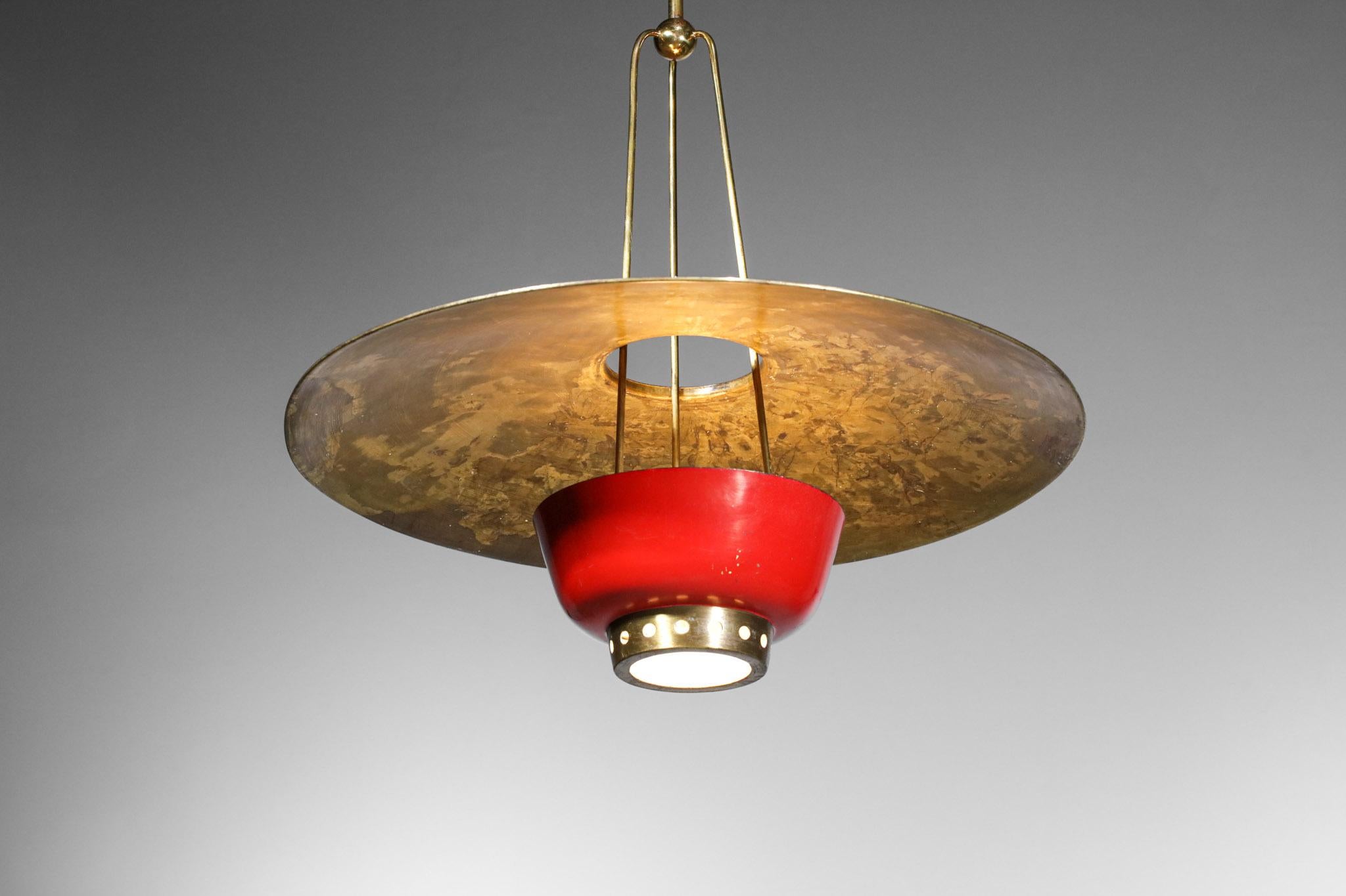 Rare 50's Italian Suspension in Solid Brass Attributed to Stilnovo Red and Brass 11