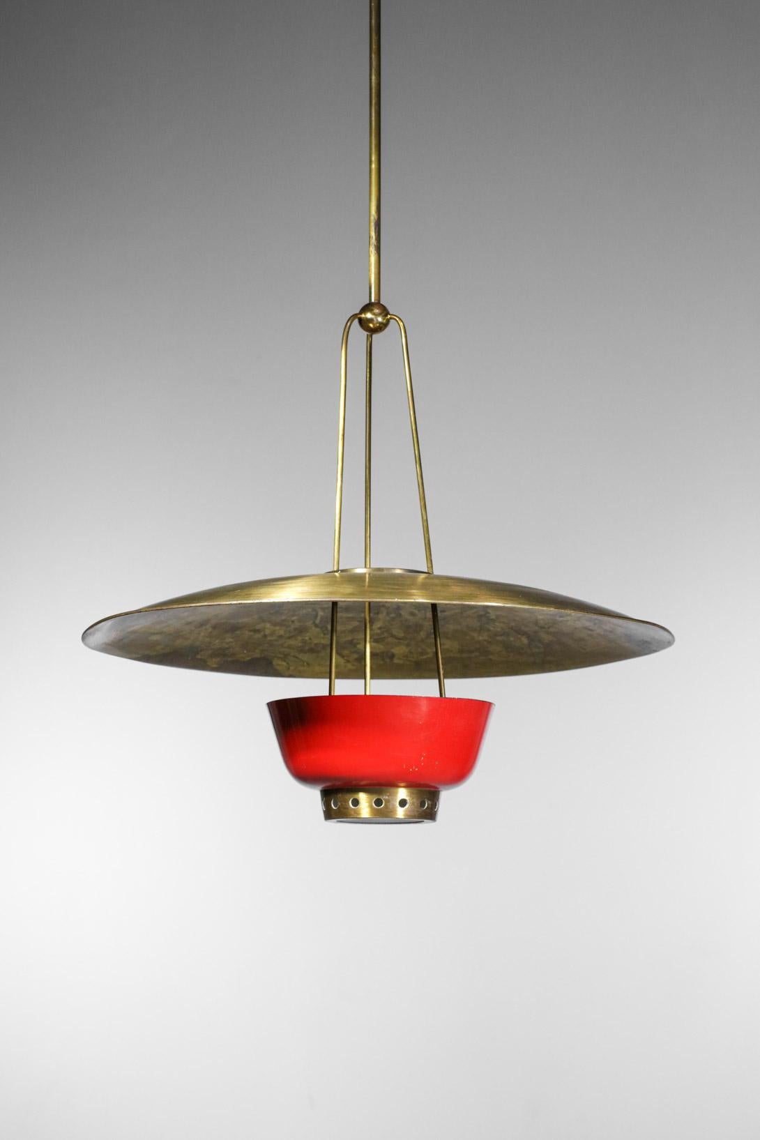 Rare 50's Italian Suspension in Solid Brass Attributed to Stilnovo Red and Brass 12