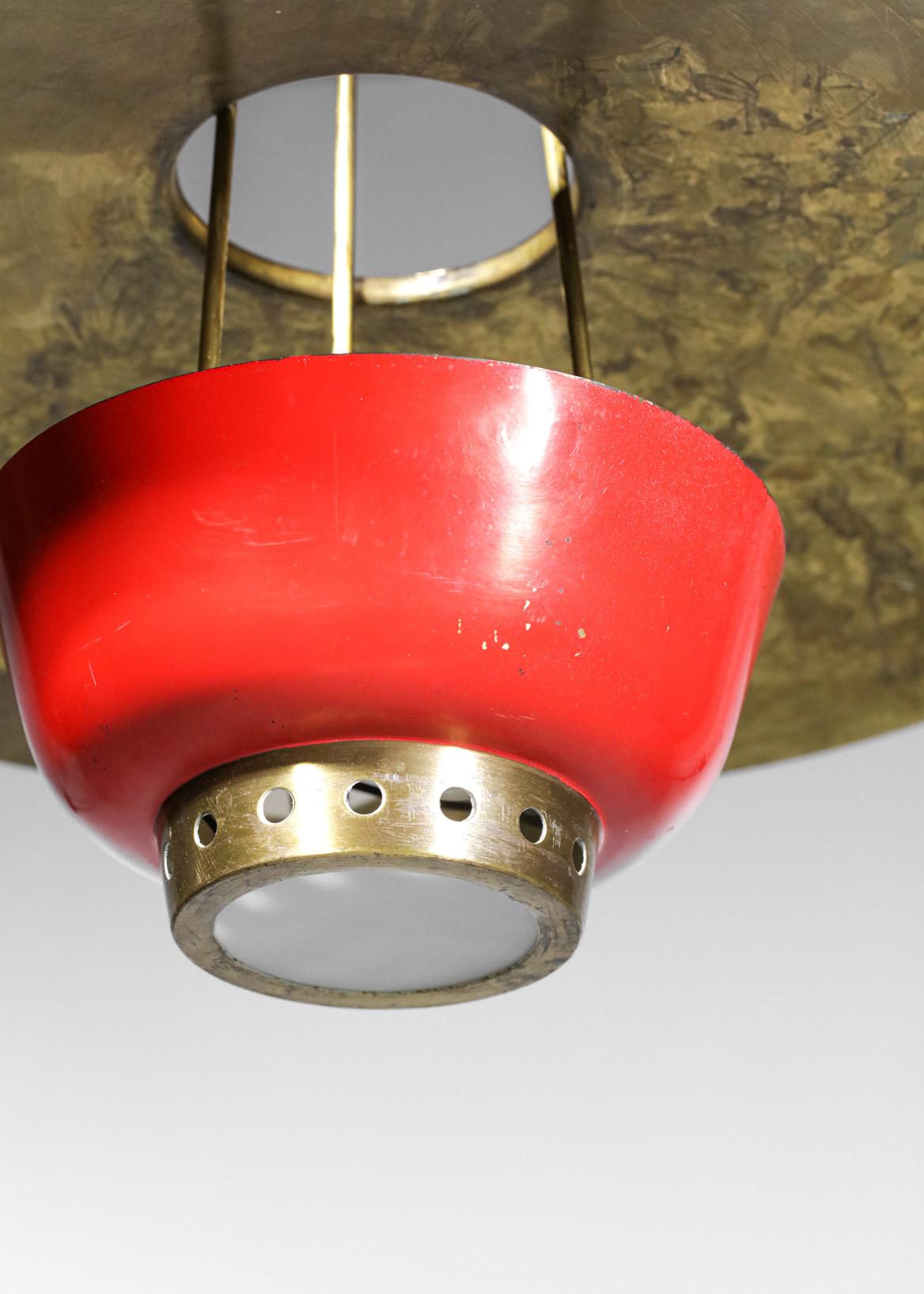 Rare 50's Italian Suspension in Solid Brass Attributed to Stilnovo Red and Brass 13