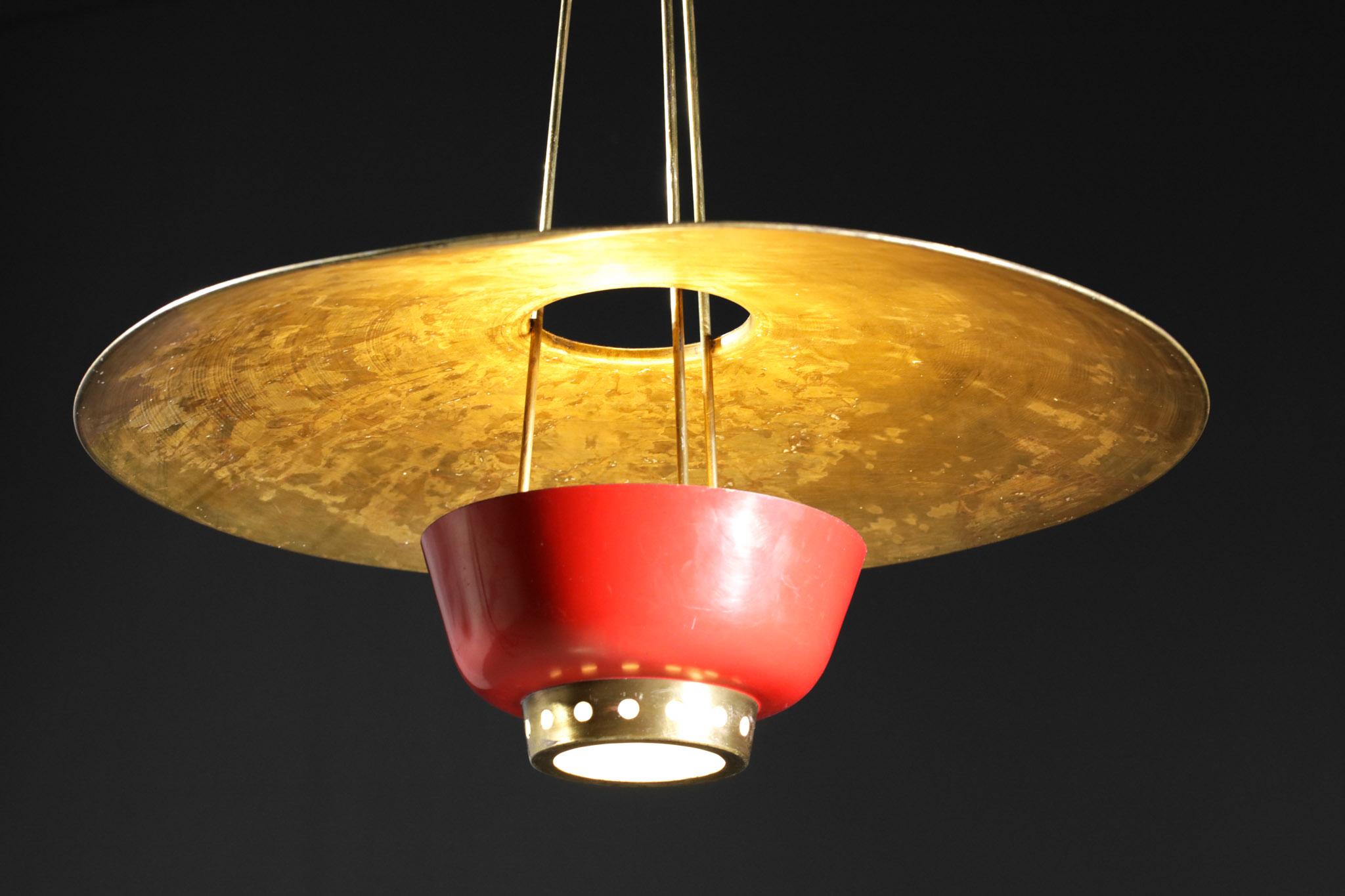 Mid-Century Modern Rare 50's Italian Suspension in Solid Brass Attributed to Stilnovo Red and Brass