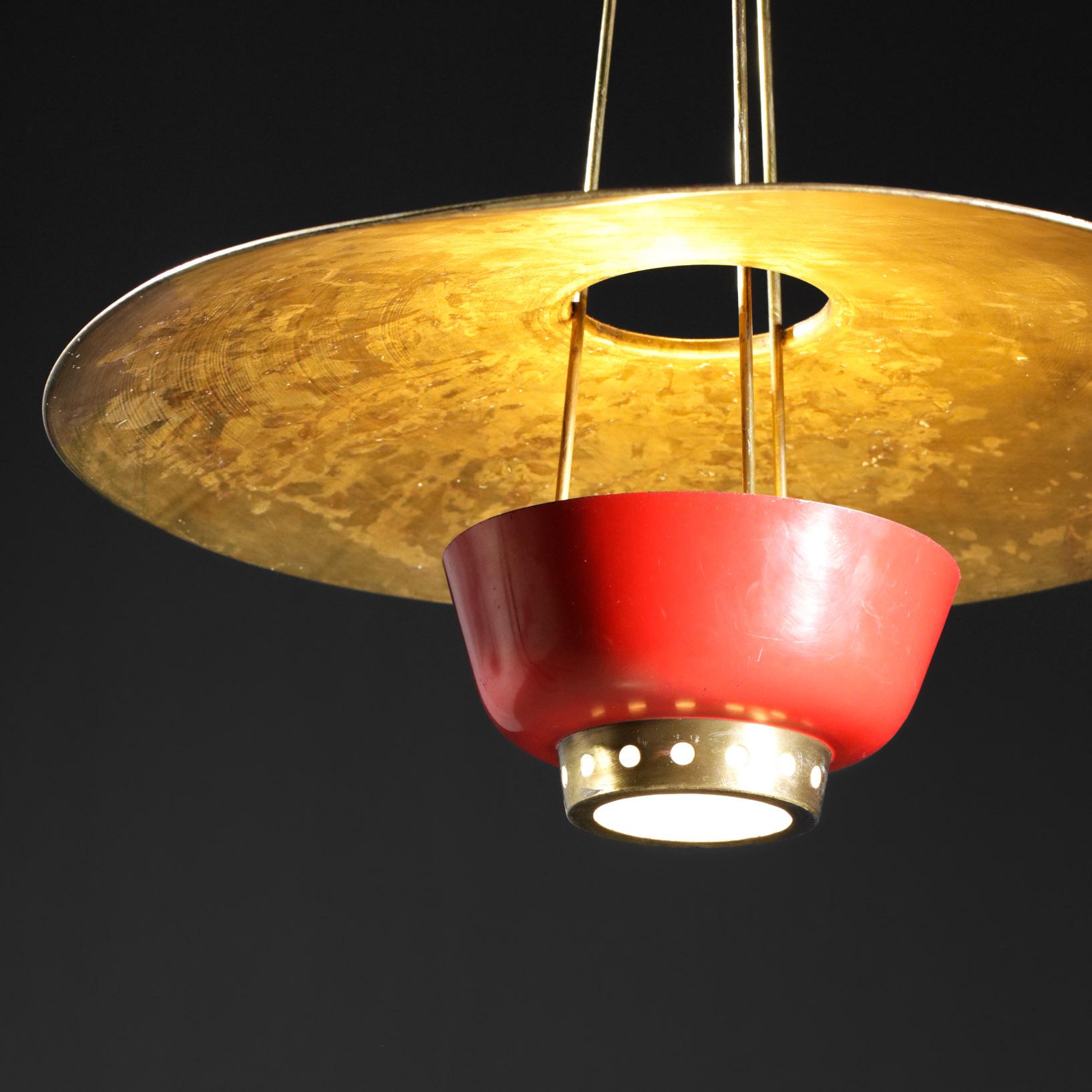 Lacquered Rare 50's Italian Suspension in Solid Brass Attributed to Stilnovo Red and Brass