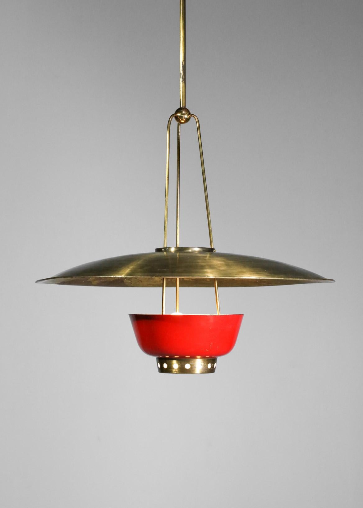 Metal Rare 50's Italian Suspension in Solid Brass Attributed to Stilnovo Red and Brass