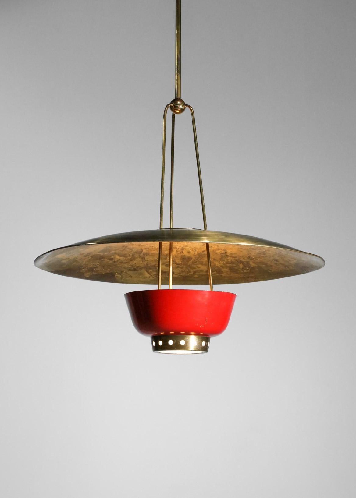Rare 50's Italian Suspension in Solid Brass Attributed to Stilnovo Red and Brass 1
