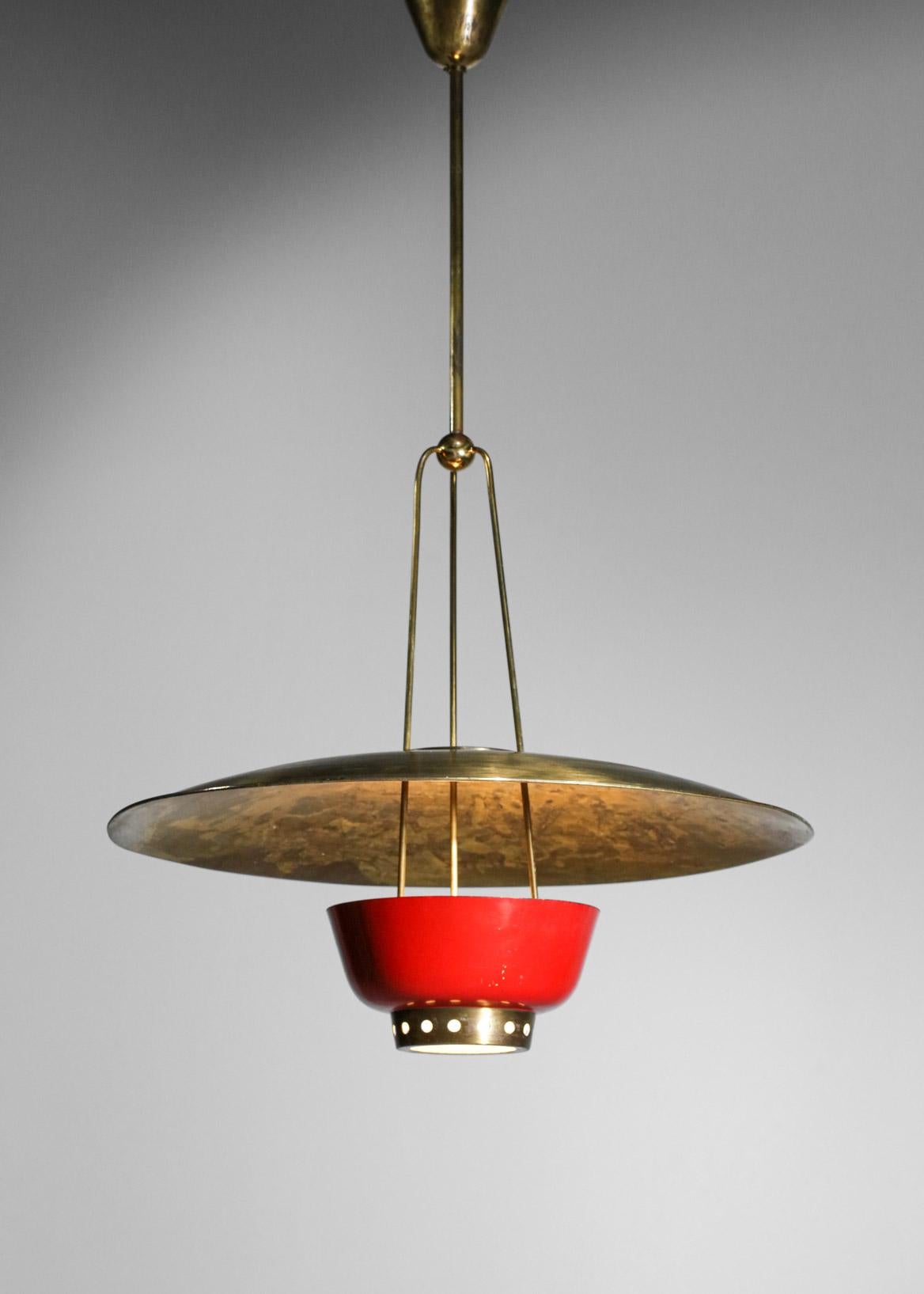 Rare 50's Italian Suspension in Solid Brass Attributed to Stilnovo Red and Brass 2