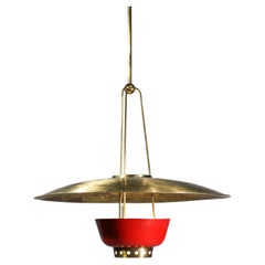 Rare 50's Italian Suspension in Solid Brass Attributed to Stilnovo Red and Brass