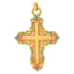 Rarement Seen, pendentif croix en or jaune 18 carats avec émail cuit