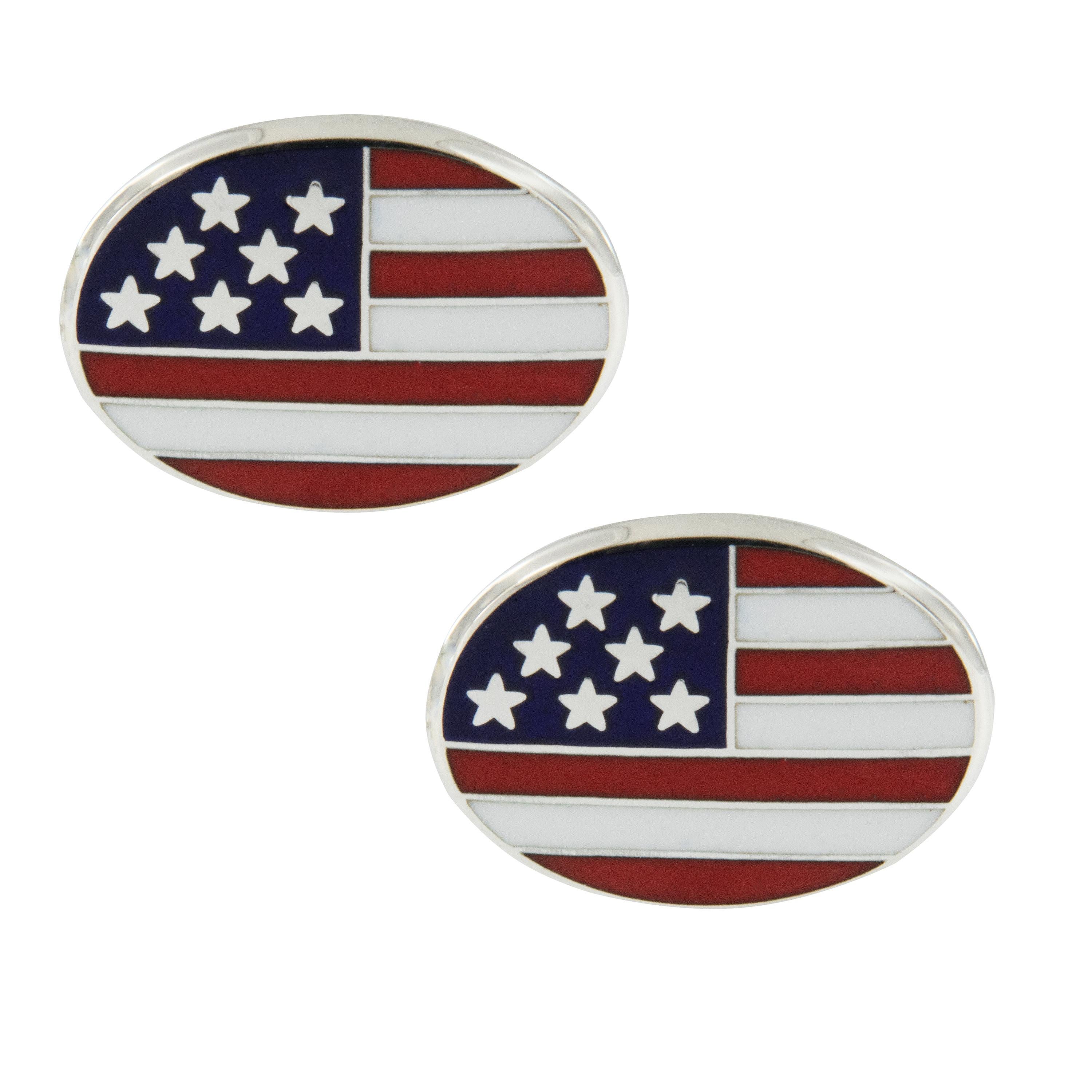 Show your patriotism with these spectacular handmade sterling silver enameled oval cufflinks by Tiffany & Co.! These handsome pieces with enameled flag of the United States of America can be worn with pride & will set off your outfit like fireworks!