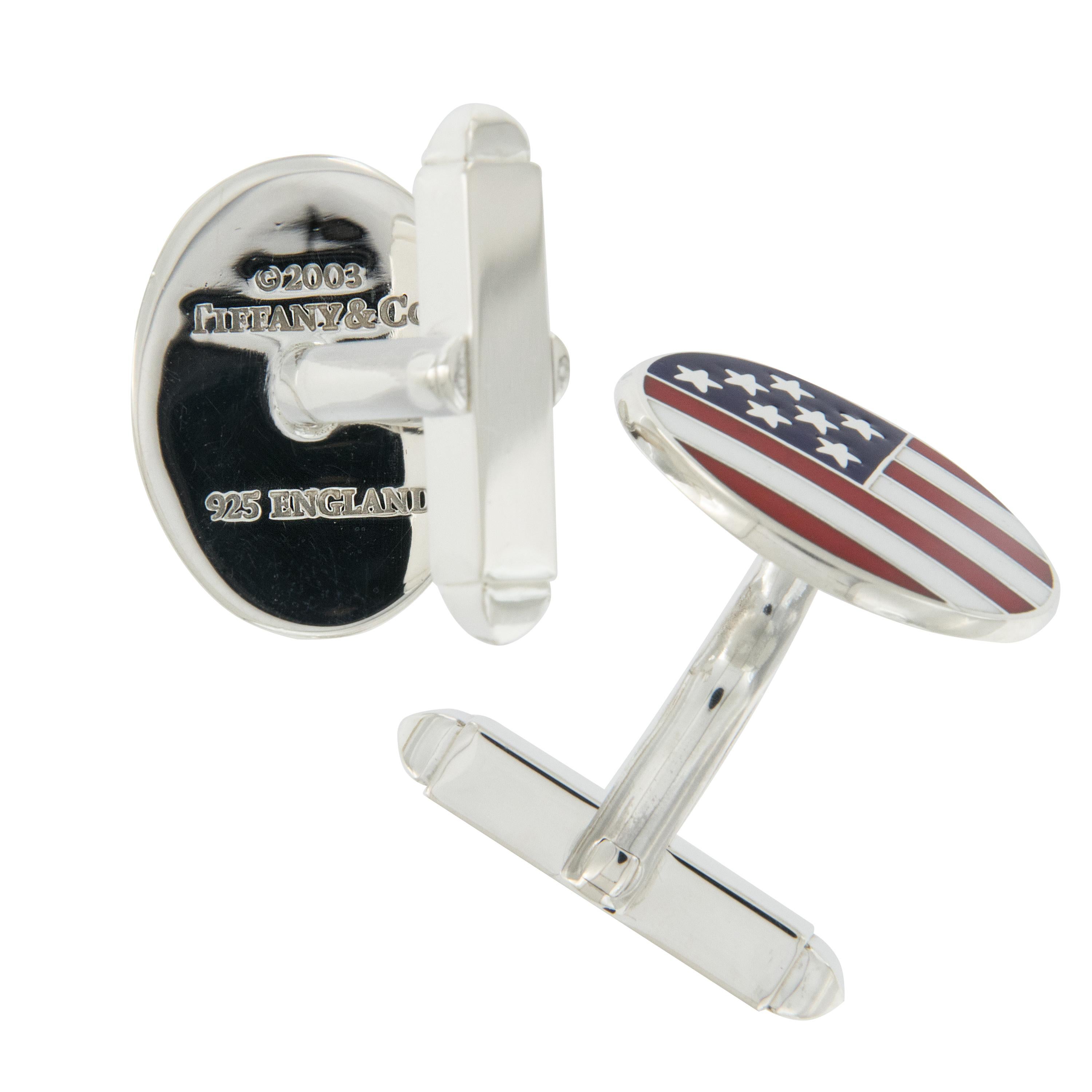 Rarely Seen-Tiffany & Co. Sterling Silver Enameled USA Flag Cufflinks In Excellent Condition In Troy, MI