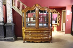 Rarer Dutch Marquetry Inlaid Walnut and Satinwood Baroque China Cabinet Vitrine