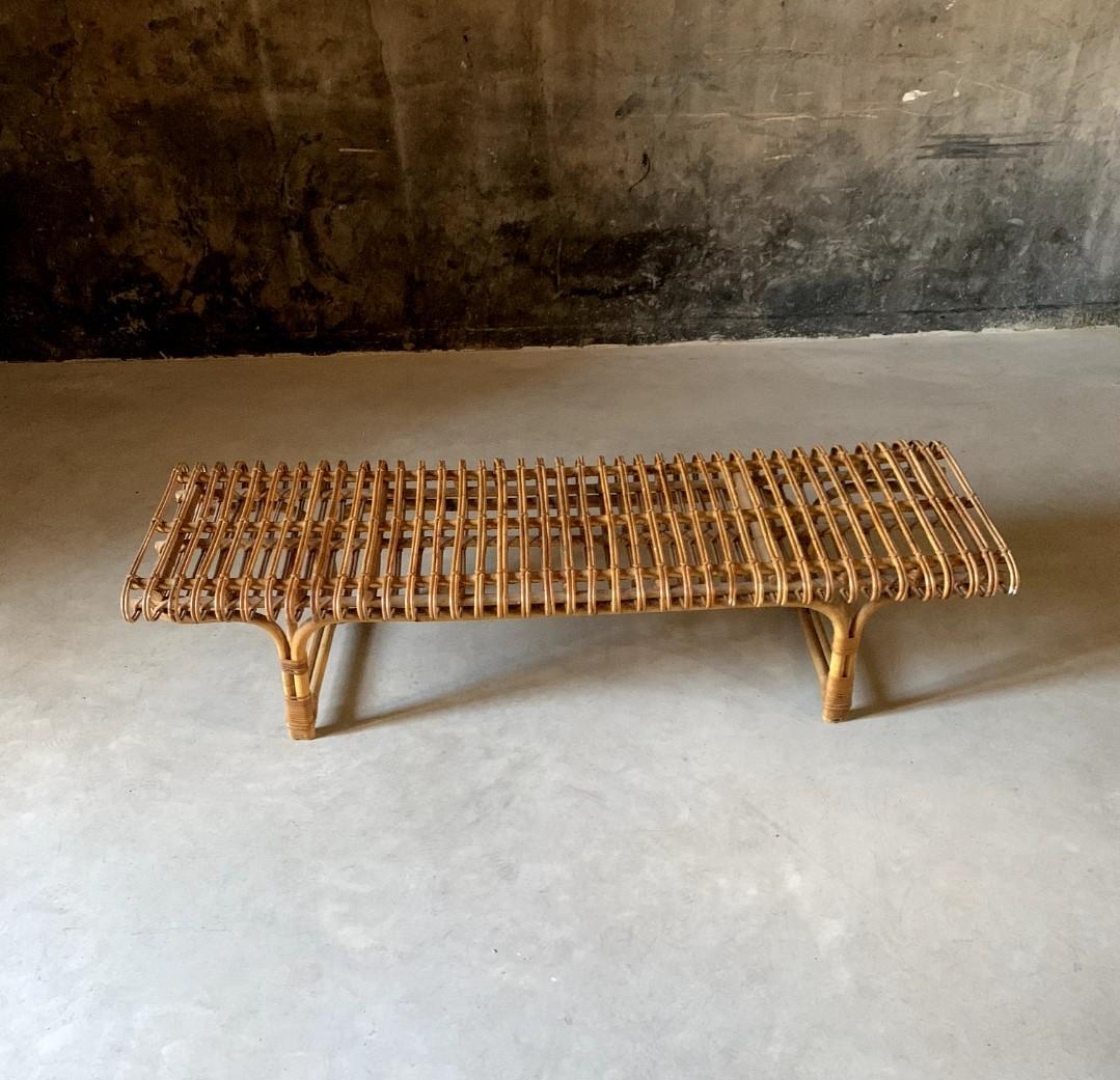 Mid-Century Modern Rarest and Documented Rattan Bench by Joaquim Belsa, Spain, 1962