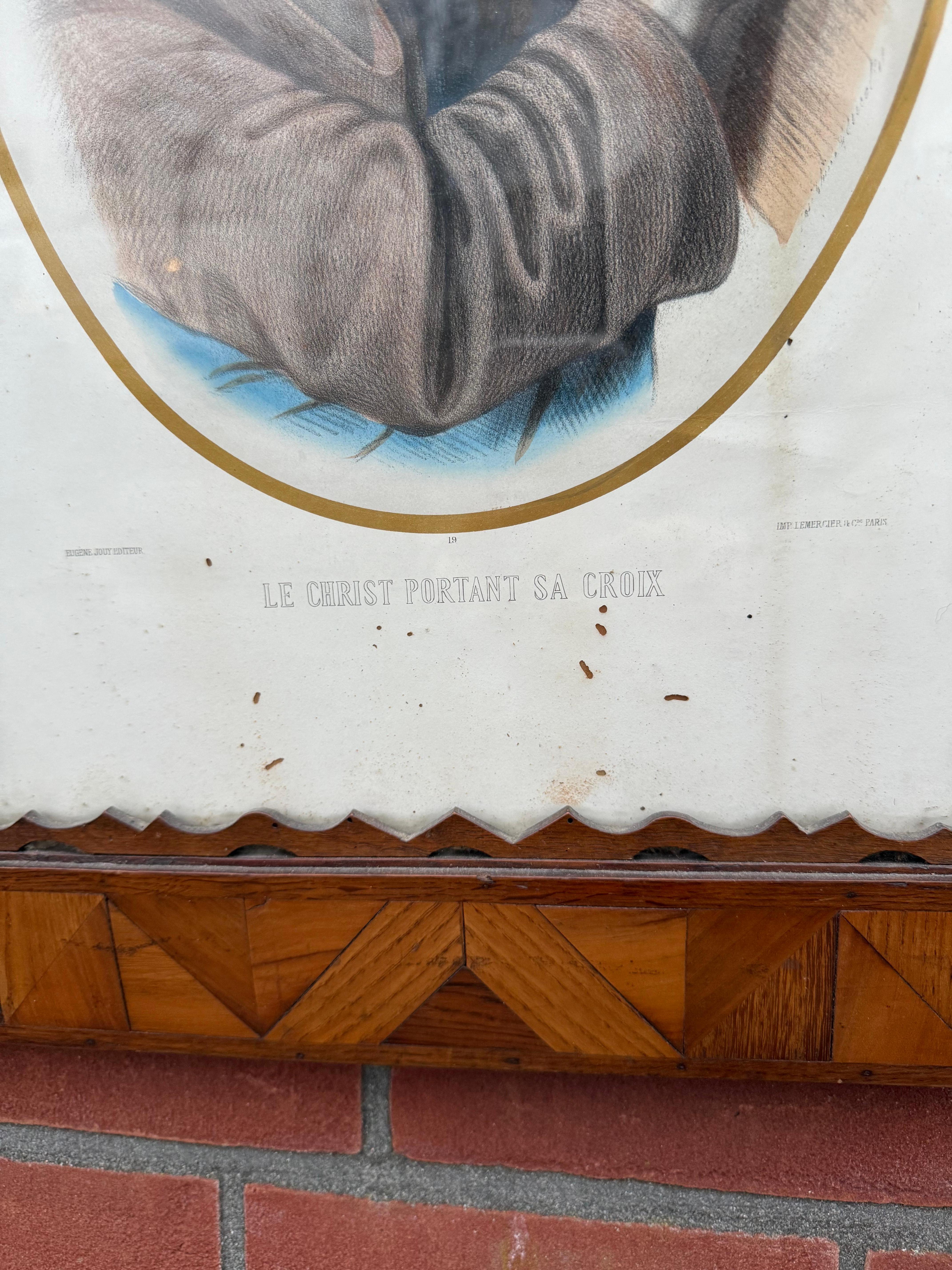Rarest Arts & Crafts Crafted Picture Frame with Litho, Christ Carrying His Cross For Sale 4