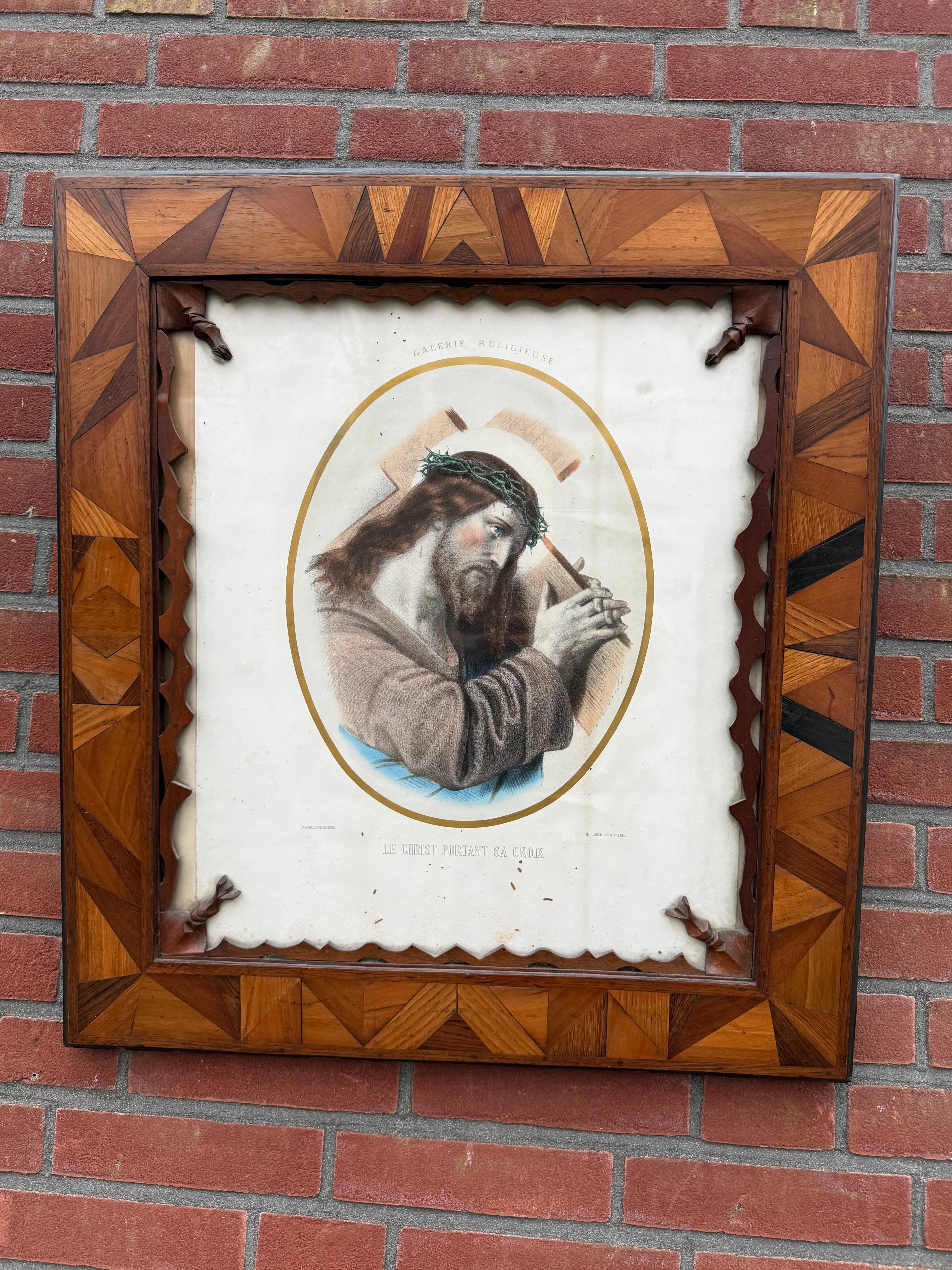 Rarest Arts & Crafts Crafted Picture Frame with Litho, Christ Carrying His Cross For Sale 11