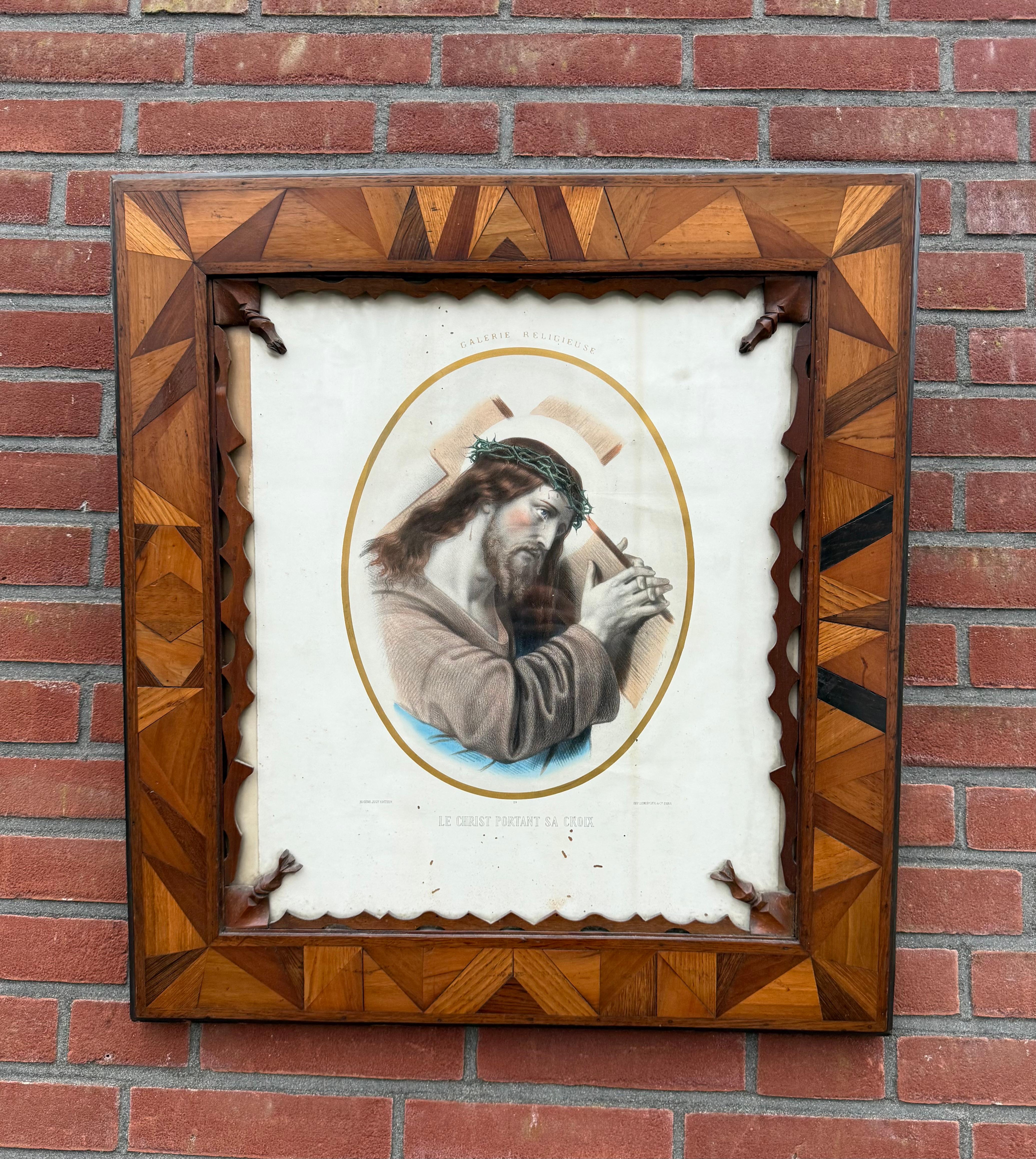 Exceptionally hand-crafted picture frame with station of the cross lithograph by Eugene Jouy 'Editeur'.

This handcrafted antique frame is in a style that we have never seen before and the workmanship is second to none. These are not veneered pieces