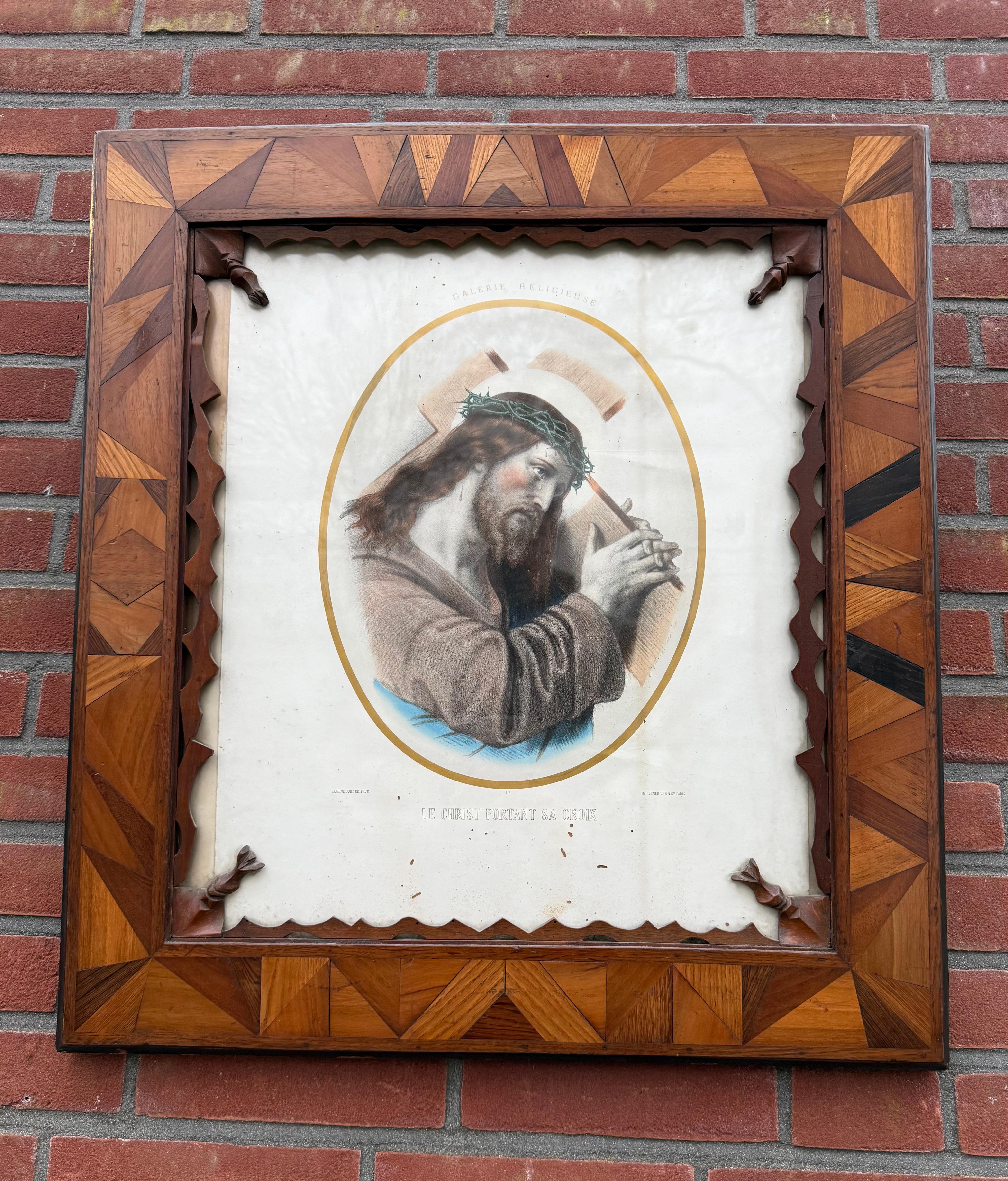 Gothic Rarest Arts & Crafts Crafted Picture Frame with Litho, Christ Carrying His Cross For Sale