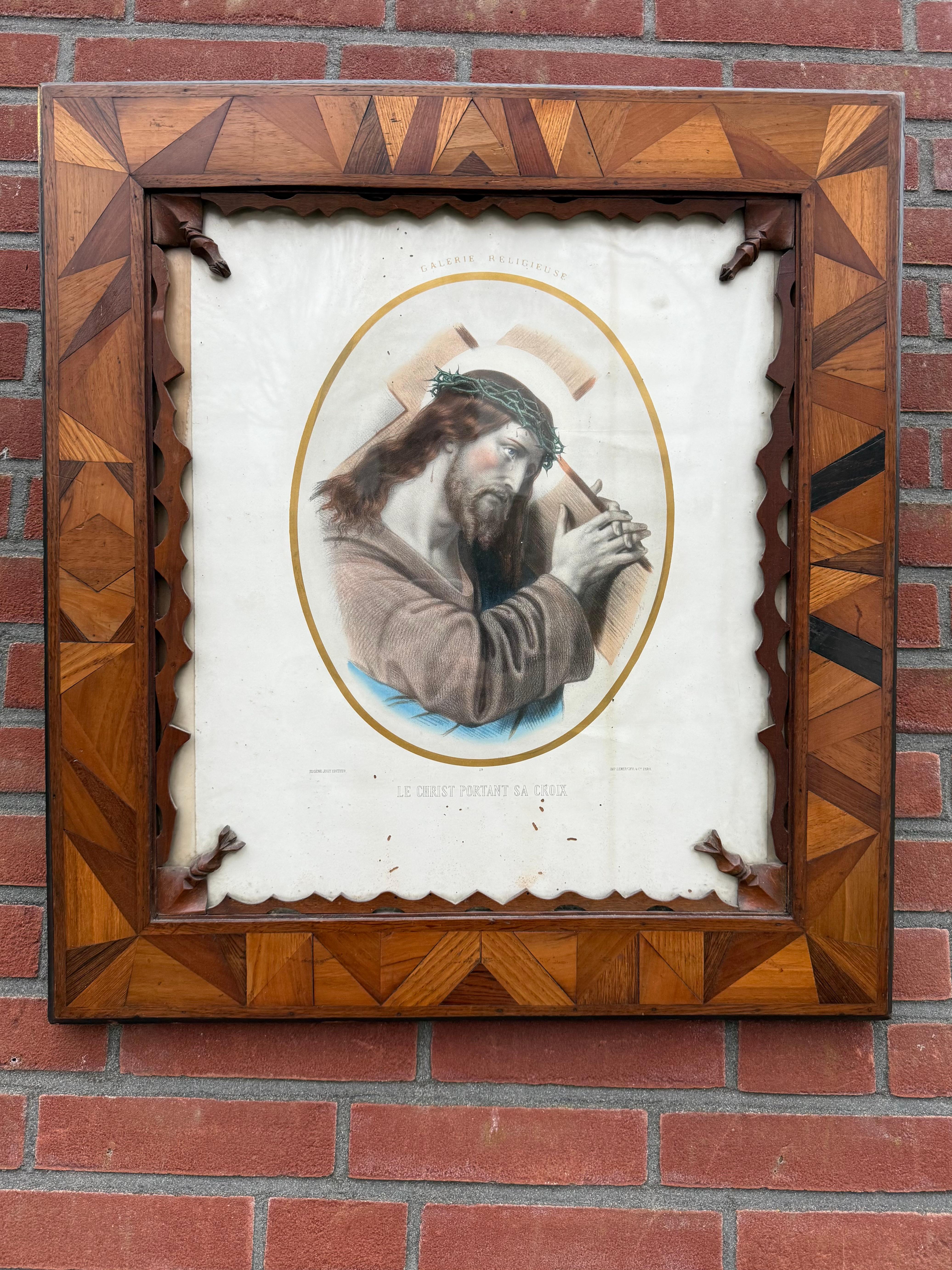 Rarest Arts & Crafts Crafted Picture Frame with Litho, Christ Carrying His Cross In Good Condition For Sale In Lisse, NL
