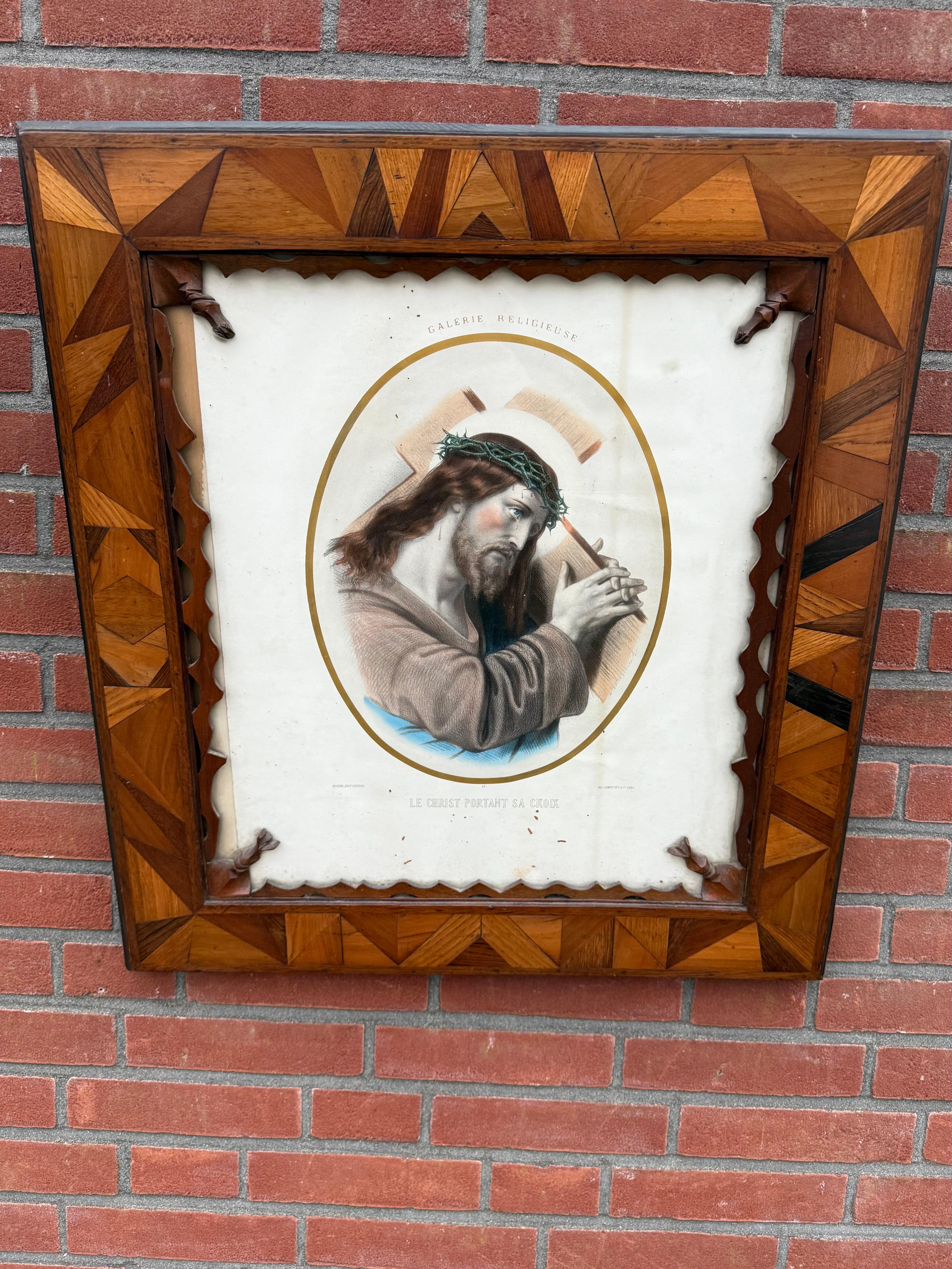 19th Century Rarest Arts & Crafts Crafted Picture Frame with Litho, Christ Carrying His Cross For Sale